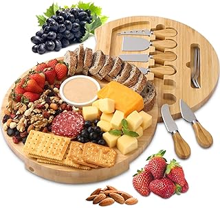 BOLTLINK Cheese Board and Knife Set, Bamboo Round Charcuterie Boards Swivel Meat Platter Personalized Tray with 6 knives f...