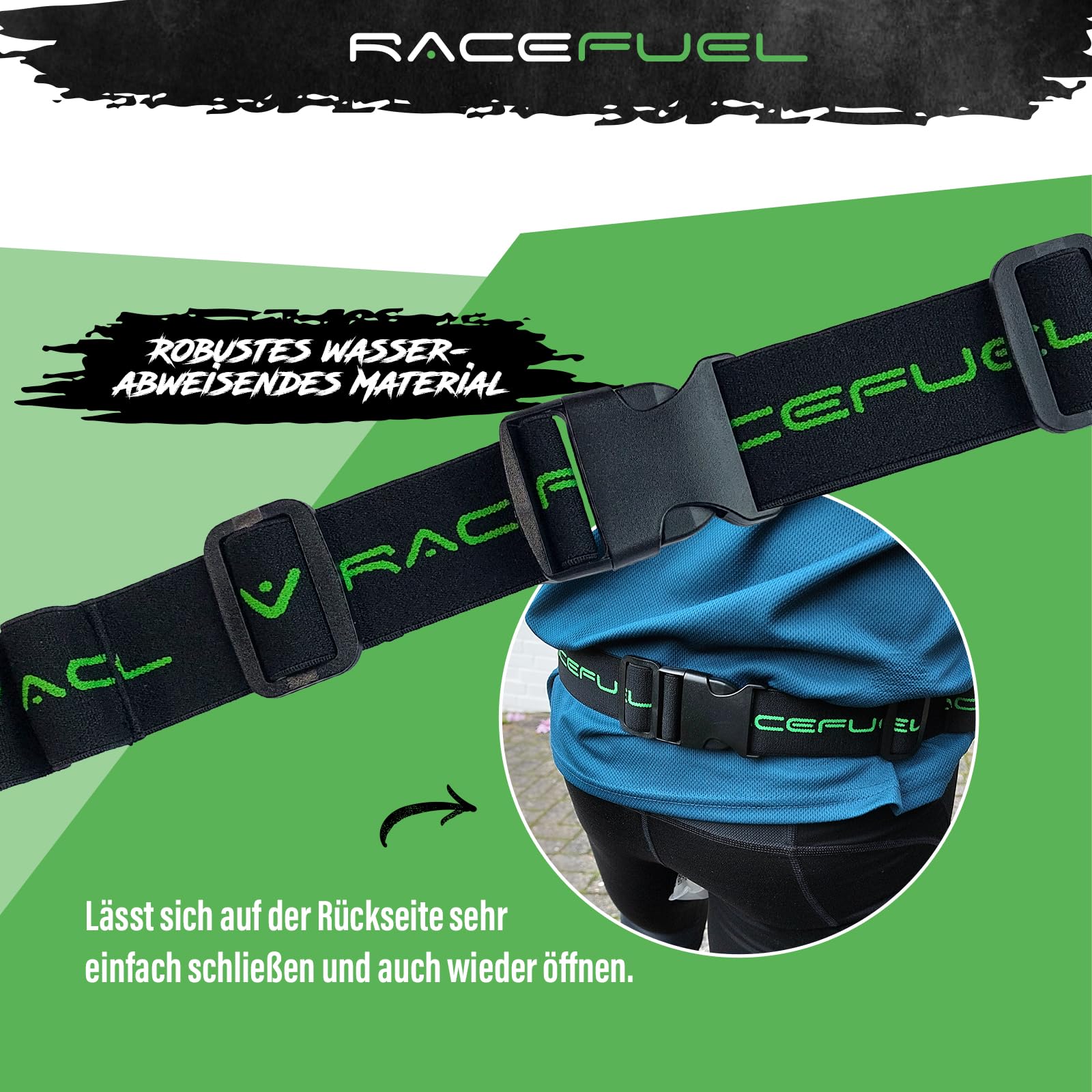 RaceFuel - Correa para el número de triatlón con bolsillo para teléfono móvil con soporte para número y 6 soportes Softflask o gel para correr, ciclismo, maratones, Con bolsa, talla única, Banda