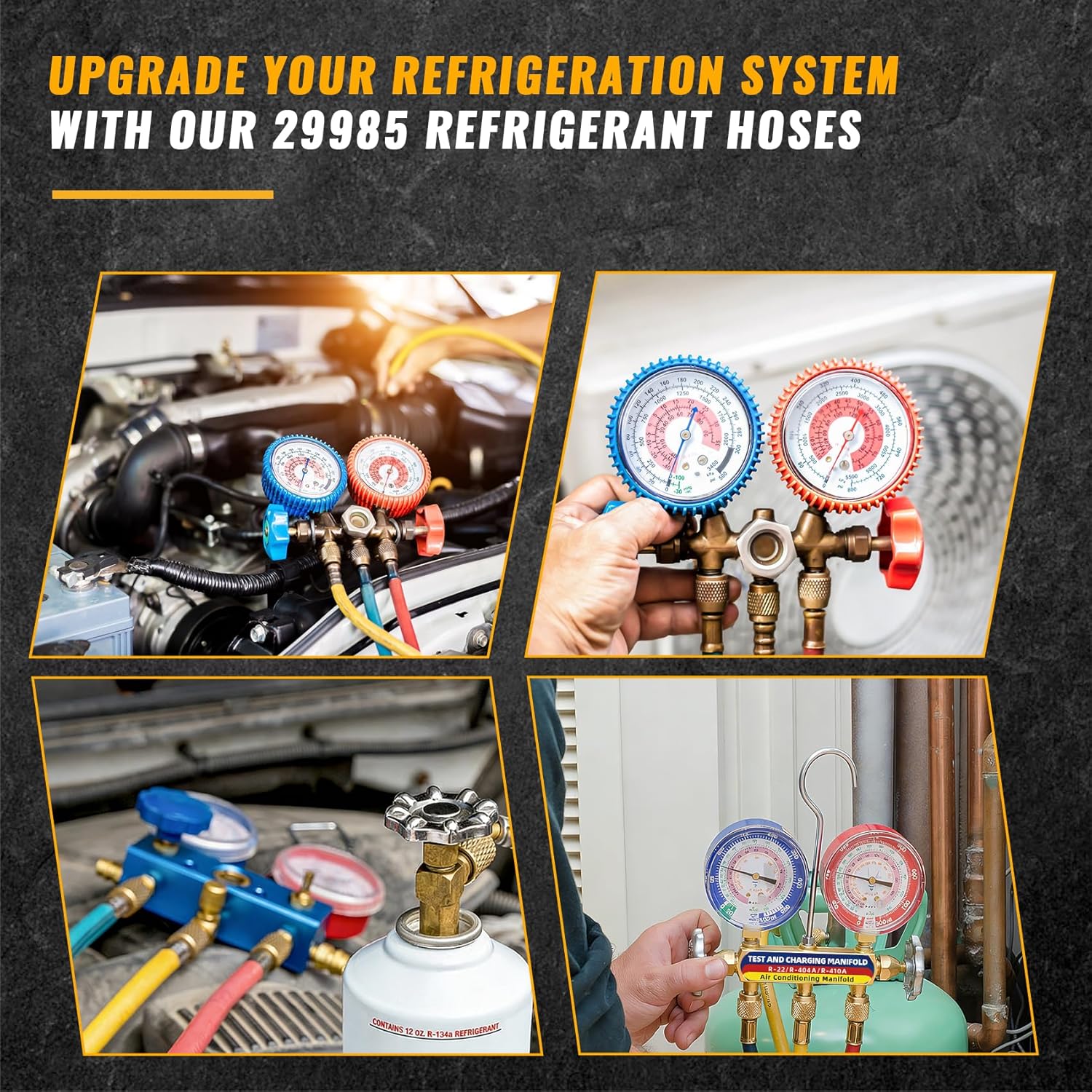 2026 New 29985 Plus II 1/4"HVAC Hoses, 60" (5FT), Custom Pressure Relief Groove, R-410A Conversion Adapter, Compact Ball Valve Refrigerant Hoses for R-22/R-410A/R-134A, 3 Pcs
