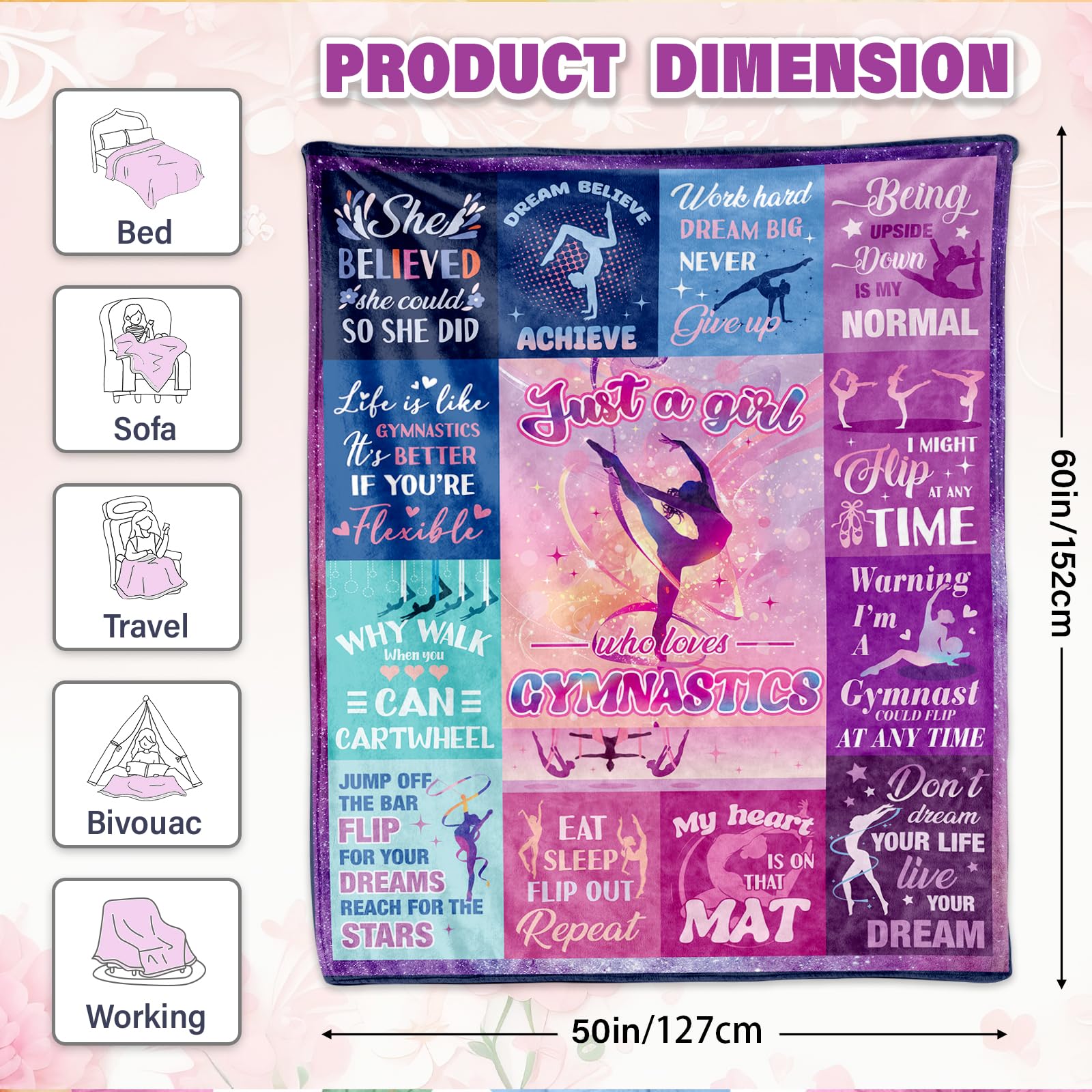 Gymnastics Blanket for Girls, Fleece Throw for Girl Gymnastics Lovers, Gymnastics Gifts Stuff, Ideal Sport Blanket for Birthday Graduation Vacation(60 x 50'')