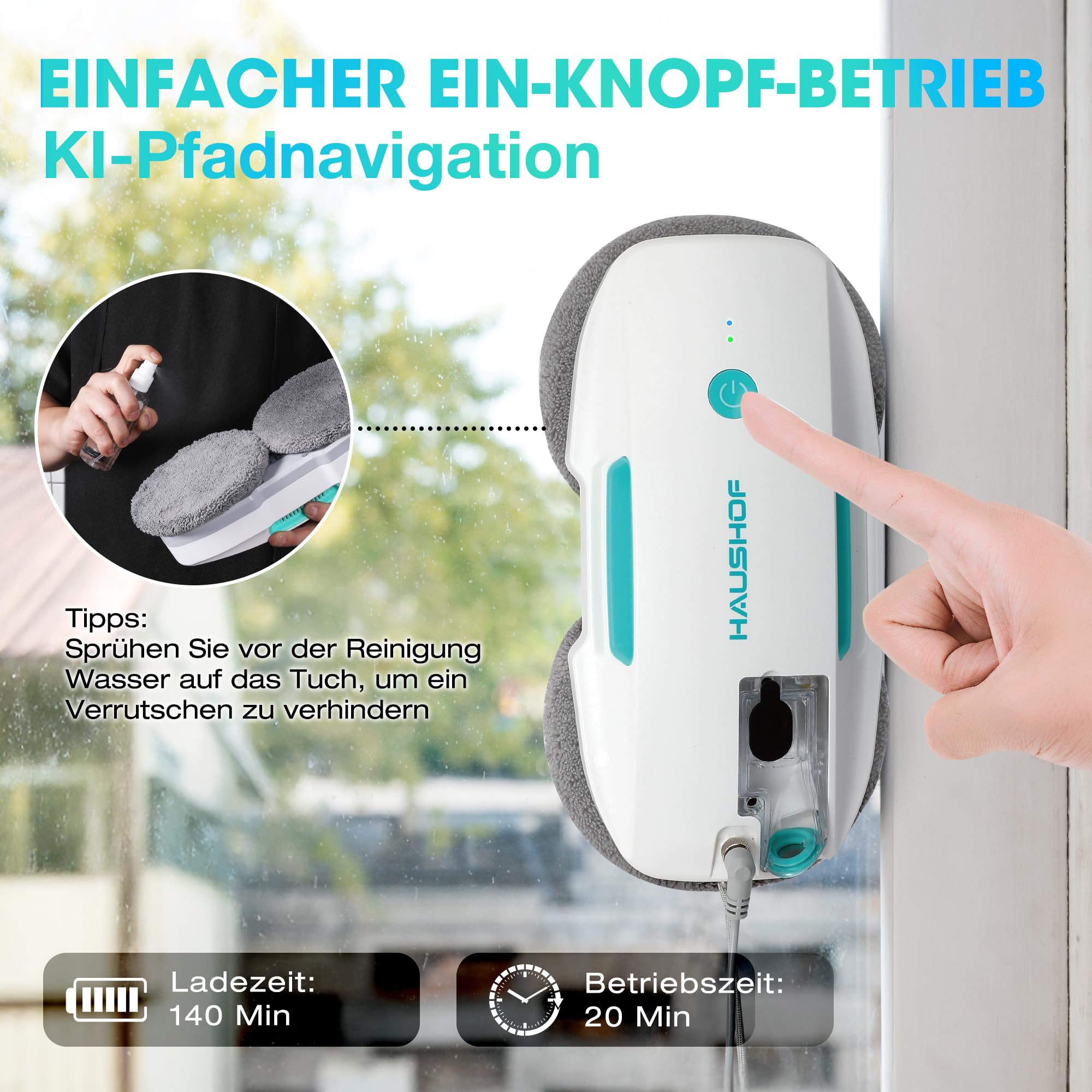 HAUSHOF Fensterputzroboter mit Sprühfunktion, 3800PA Elektrischer Fensterputzer, Intelligenter Navigation, Fernbedienung, Mit Glasreiniger & Tüchern, Zweifacher Schutz, Für Innen- & Außenfenster