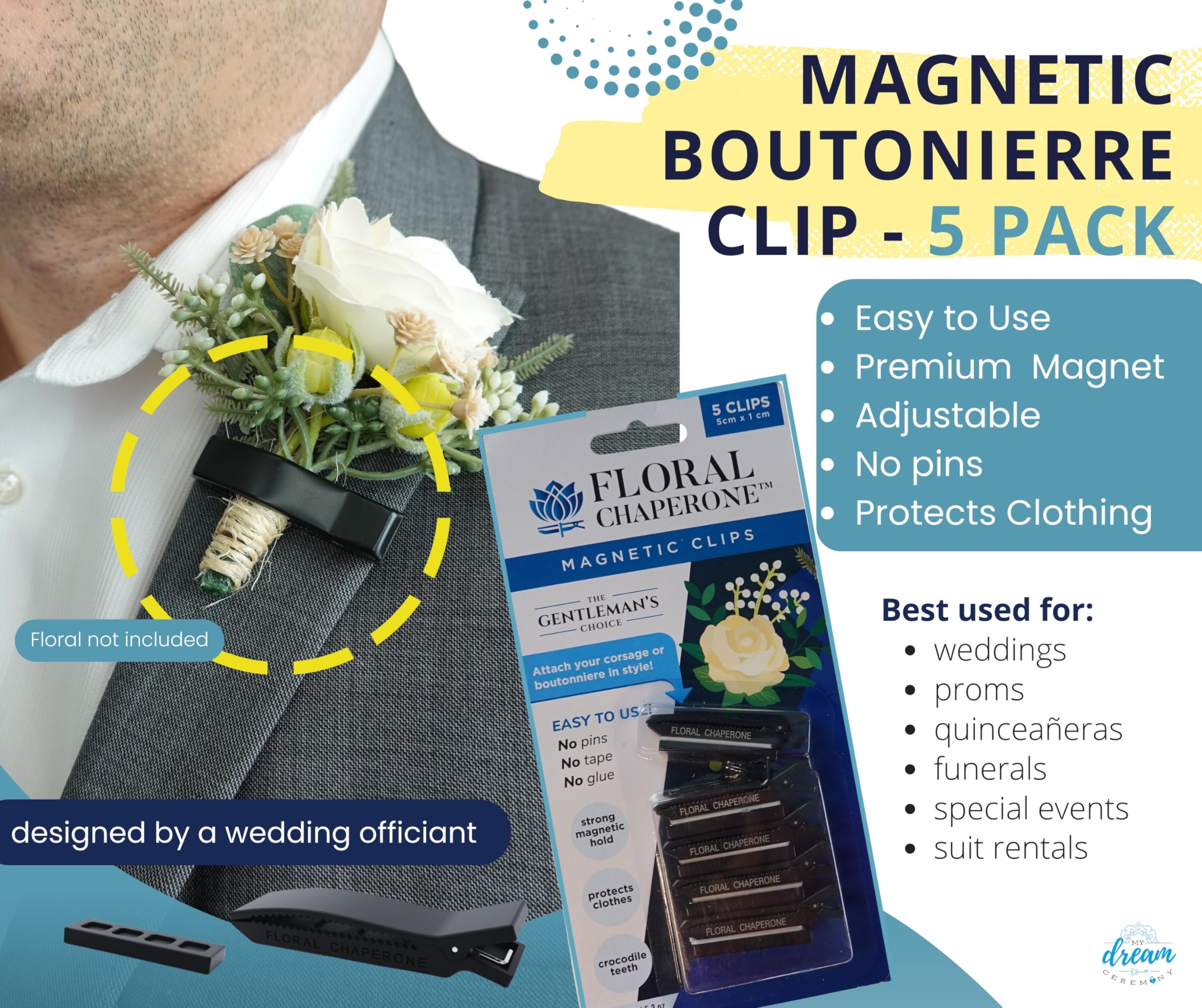 My Dream Ceremony Floral Magnetic Holder for Boutonniere, Corsages or Brooches - Firm Hold, No Pins, Perfect for Weddings, Proms, and More - Set of 5 (black)