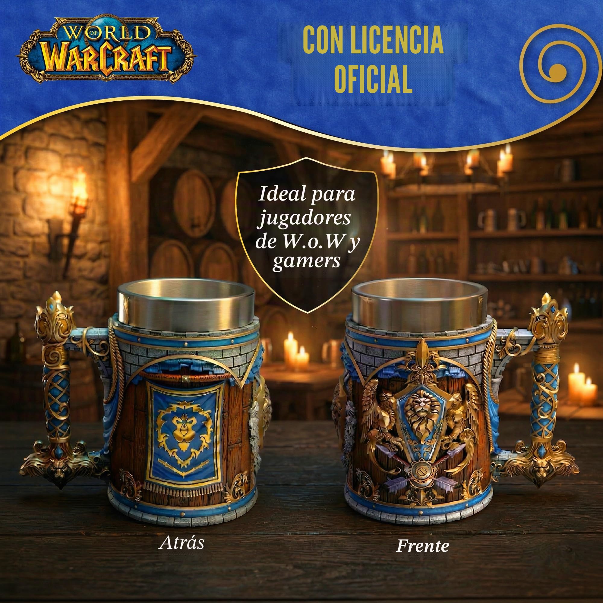 Nemesis Now Taza de Alianza World of Warcraft de 15.5 cm - Vajilla de bebida oficialmente licenciada de la Alianza con escudo, diseño de bandera e inserción de acero inoxidable