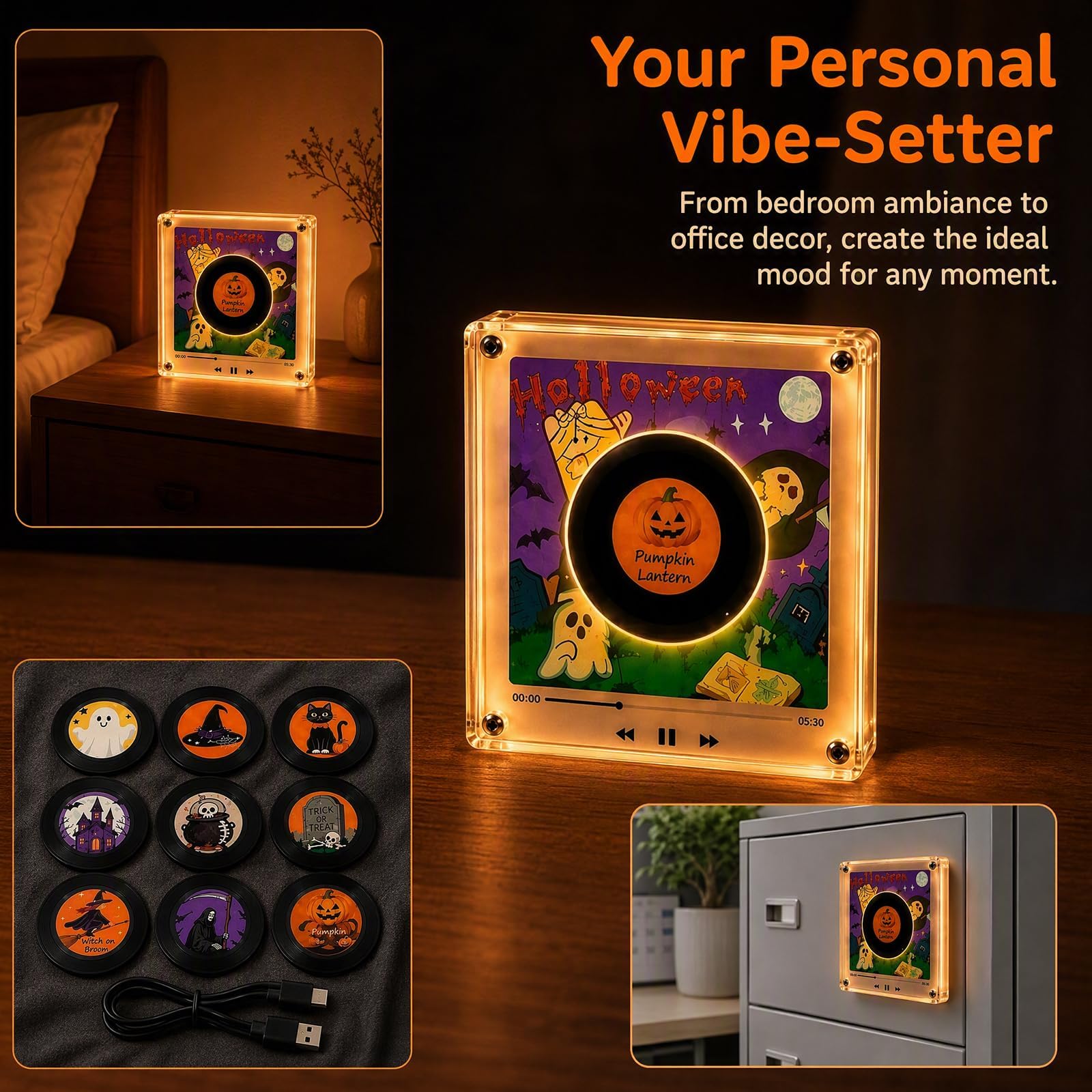 Weihnachts-Retro-Kühlschrankmagnet aus Vinyl Set, Mini NFC Musik Player mit 9 NFC-Discs und dynamischer LED-Beleuchtung, Weihnachtlicher Kühlschrankmagnet mit Beleuchtung, Kreative Musik Dekoration(F)