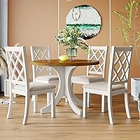 Vista 1 de Rhomtree Juego de mesa de comedor de mediados de siglo de 5 piezas con sillas tapizadas, mesa redonda con 4 sillas, juego de comedor de madera