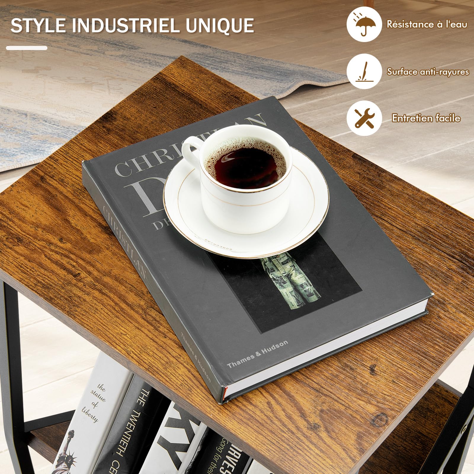 COSTWAY Table d'Appoint Industriel 3 Niveaux avec Porte-revues en Métal