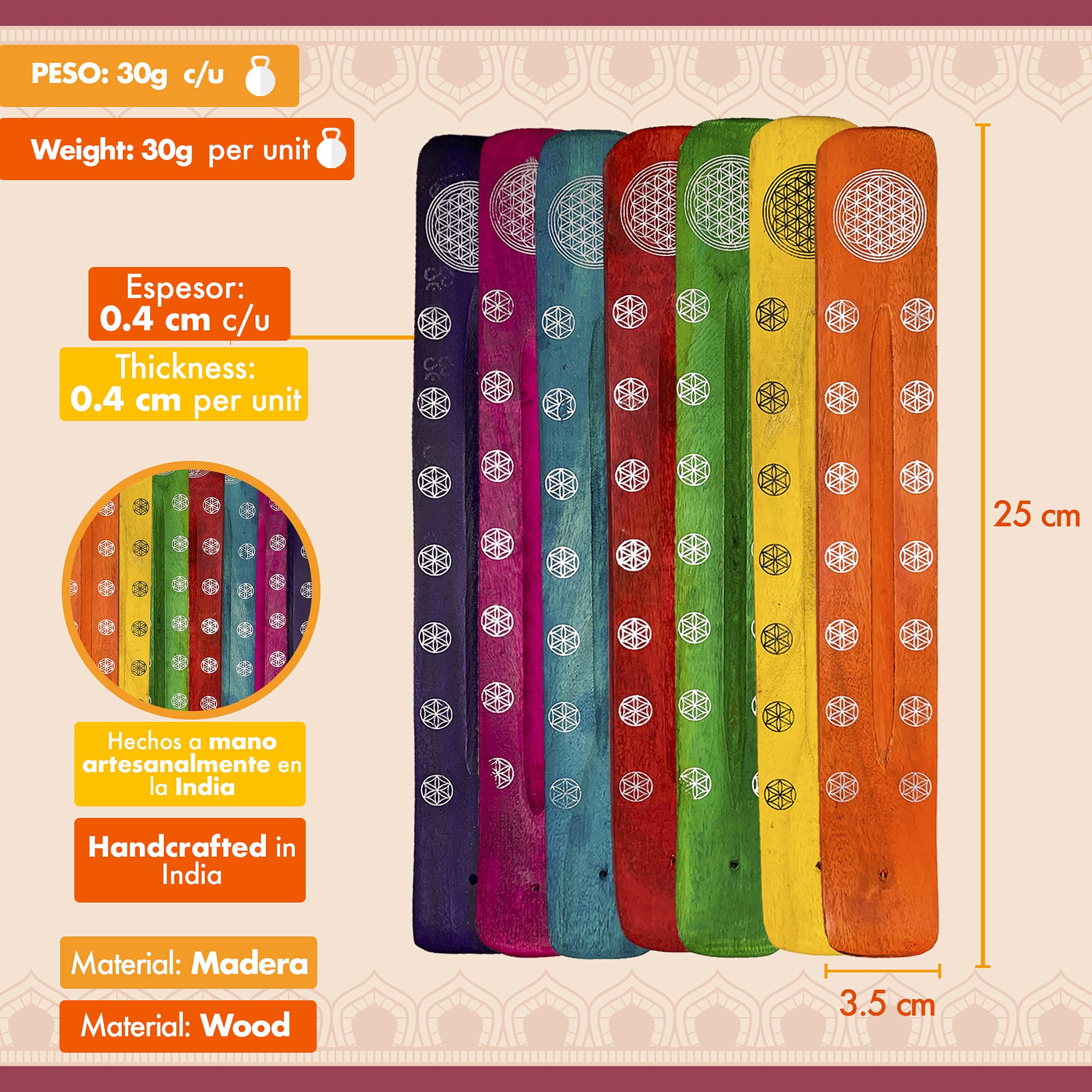 Lot De 7 Brûleurs D'encens En Bois - 7 Couleurs Différentes Et Uniques Chakras Avec Motif Fleur De Vie - Fabriqué à La Main En Inde