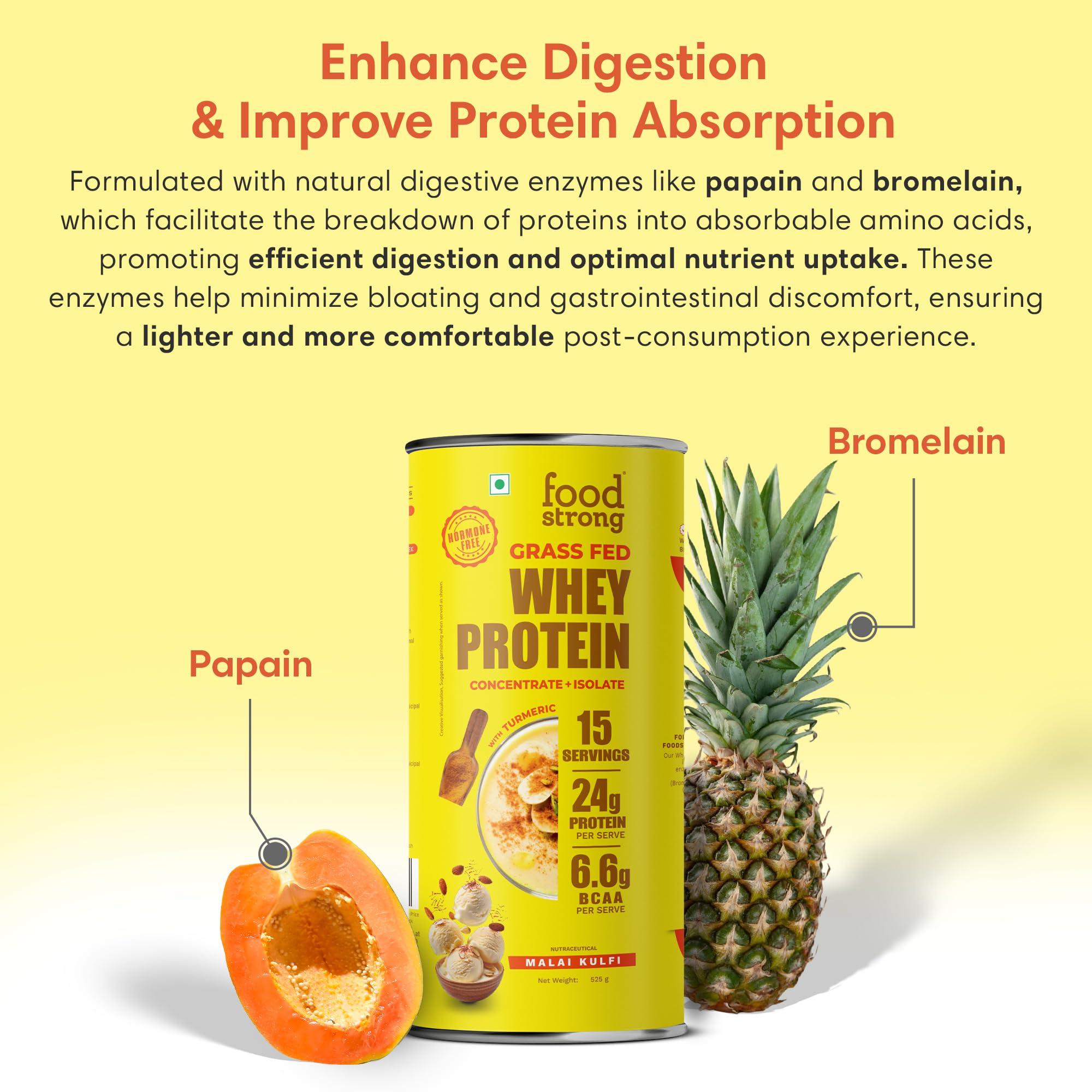 Foodstrong Whey Protein Powder (Concentrate + Isolate), 100% Hormone Free Grass-Fed Whey, 24G Protein & 6.6G BCAA, Malai Kulfi, With Turmeric & Digestive Enzymes, (15 Sachets), 525G 2