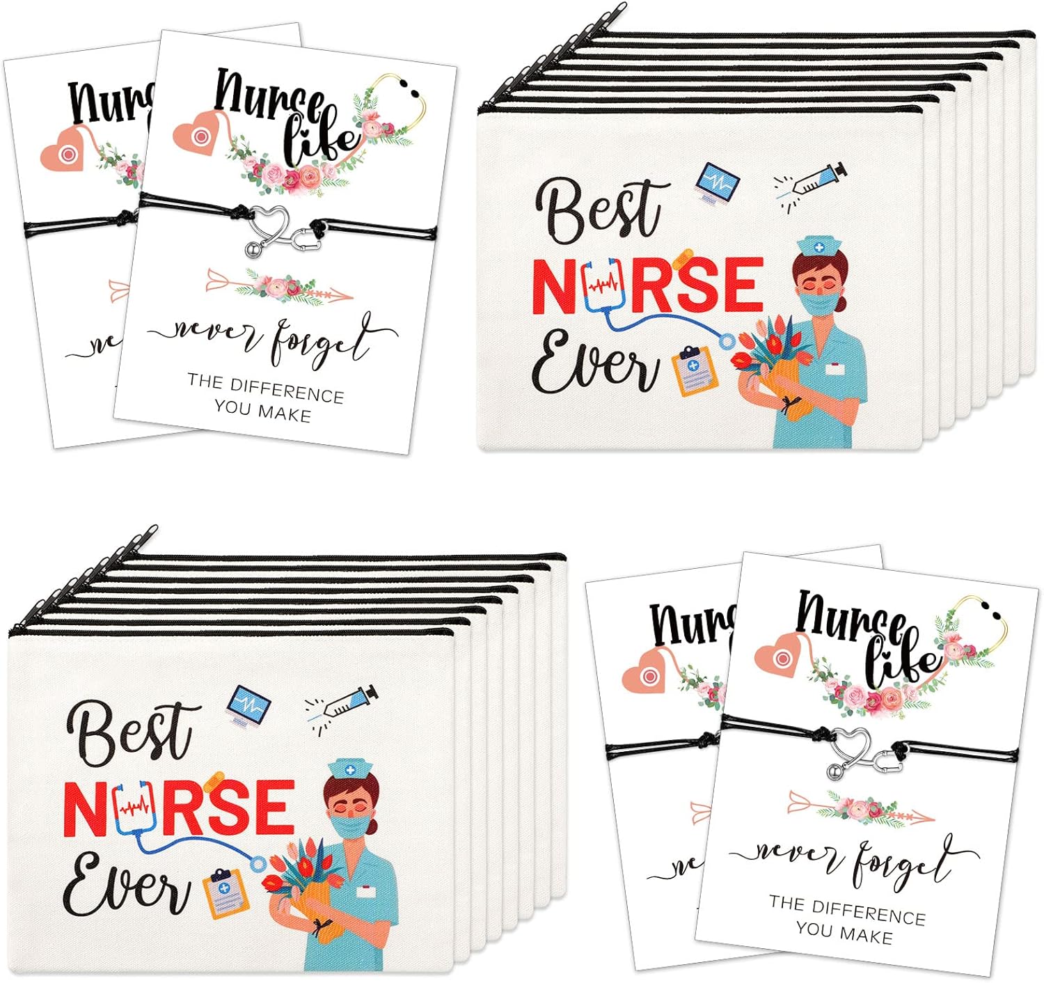 Yinkin 32 Pcs Nurse Appreciation Gift 2026 for Nurse Week 16 Canvas Makeup Cosmetic Bags Survival Kit and 16 Blessing Card Bracelets, Christmas Medical Staff Practitioner Gift for Women(Rainbow)