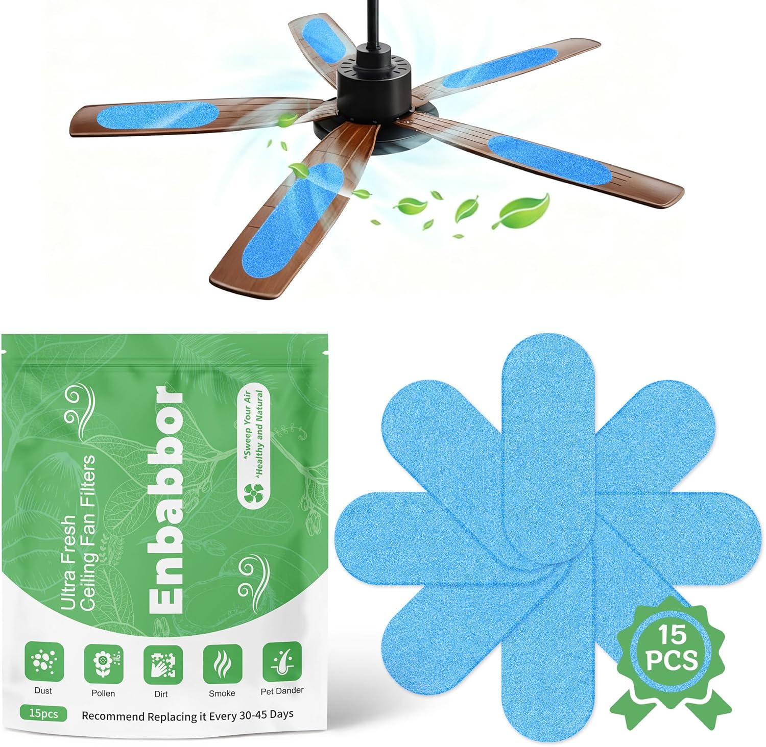 15Pcs Ceiling Fan Air Purifier Filters, Activated Carbon Fiber Cotton, Odors & Allergens | Unscented, Universal Fit for All Fan Blades