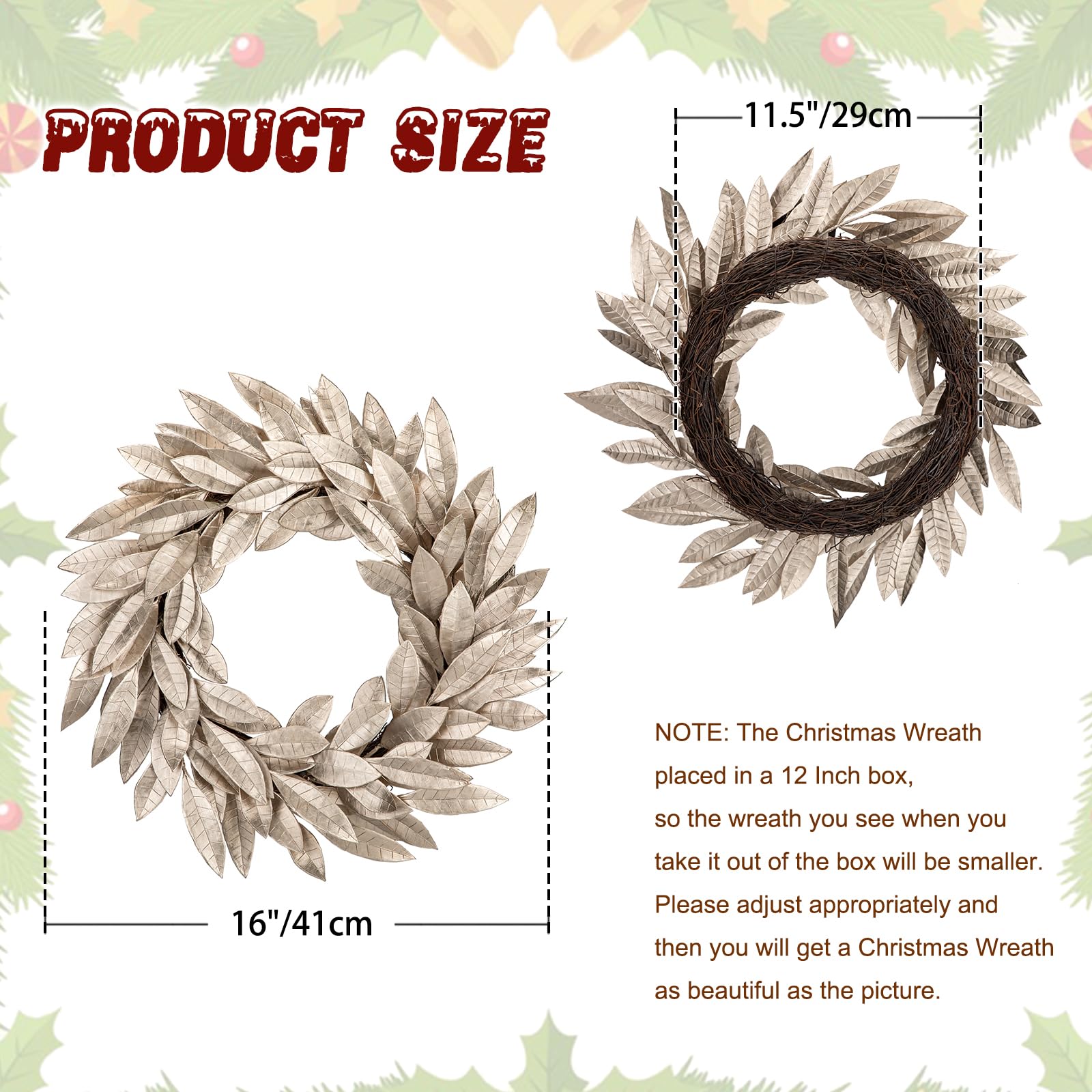 Couronne de Noël de 40,6 cm Aritificial Champagne Doré Couronne de feuilles de laurier pour porte d'entrée Couronne de Noël Couronne de Noël pour décorations de fête de Noël