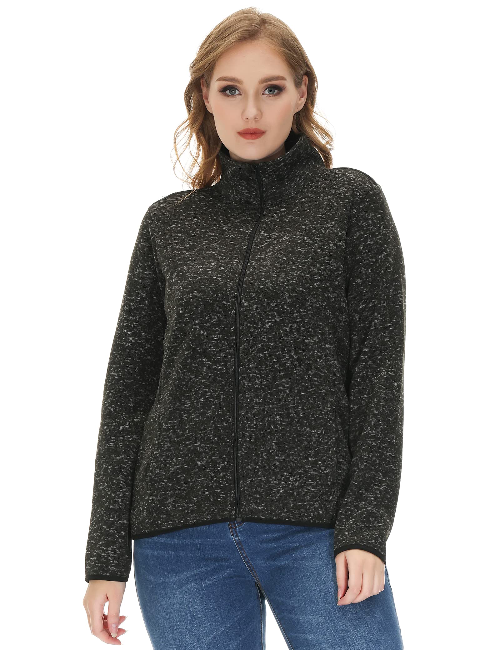 Photo 1 of ANOTHER CHOICE Women's Zip up Sweater Jacket, Long Sleeve Warm Fleece Speckled Jacket with Pockets (Large) Deep Grey