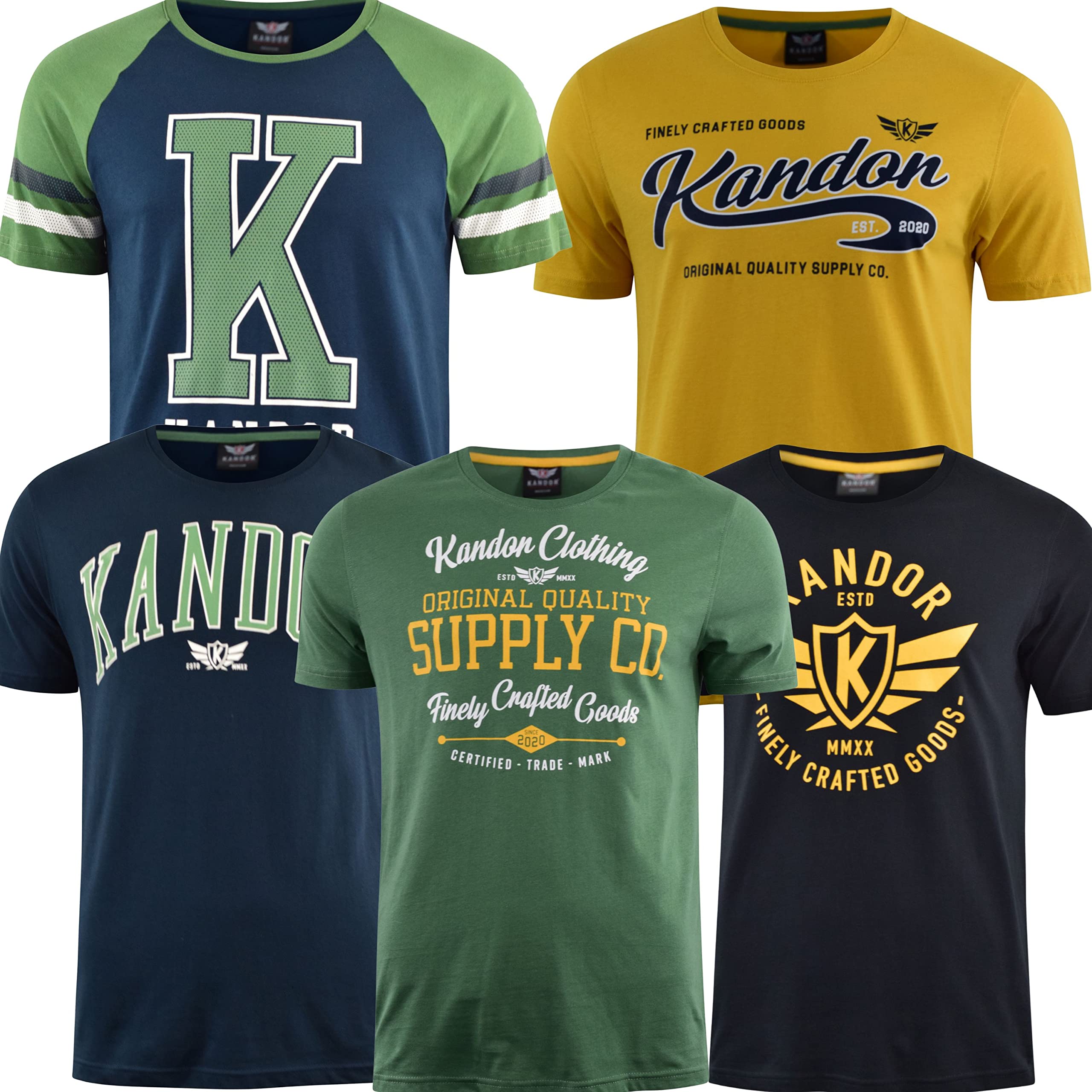 kandor Camisetas Magna Corta Hombre – Pack de 5, Camiseta Estampada con Cuello Redondo, 100% algodón Tops, Ropa de Verano para Hombres, Logo Trendy t-Shirt, Camisetas Originales