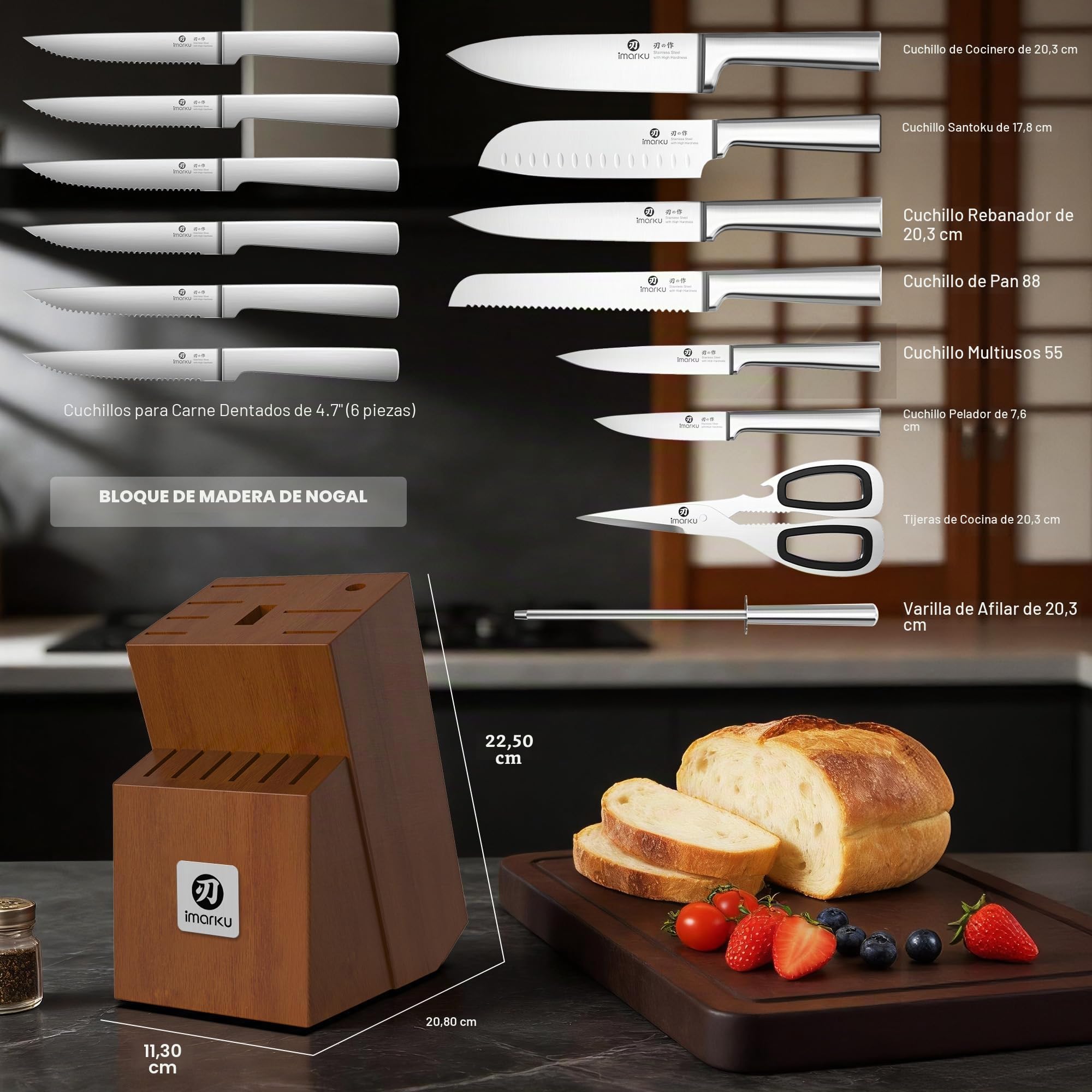 imarku Cuchillos Cocina, Juego de 15 Piezas Cuchillos Japoneses de Acero Inoxidable, Cuchillos Profesionales con Bloque, Knife Set, Duradero y Afilado
