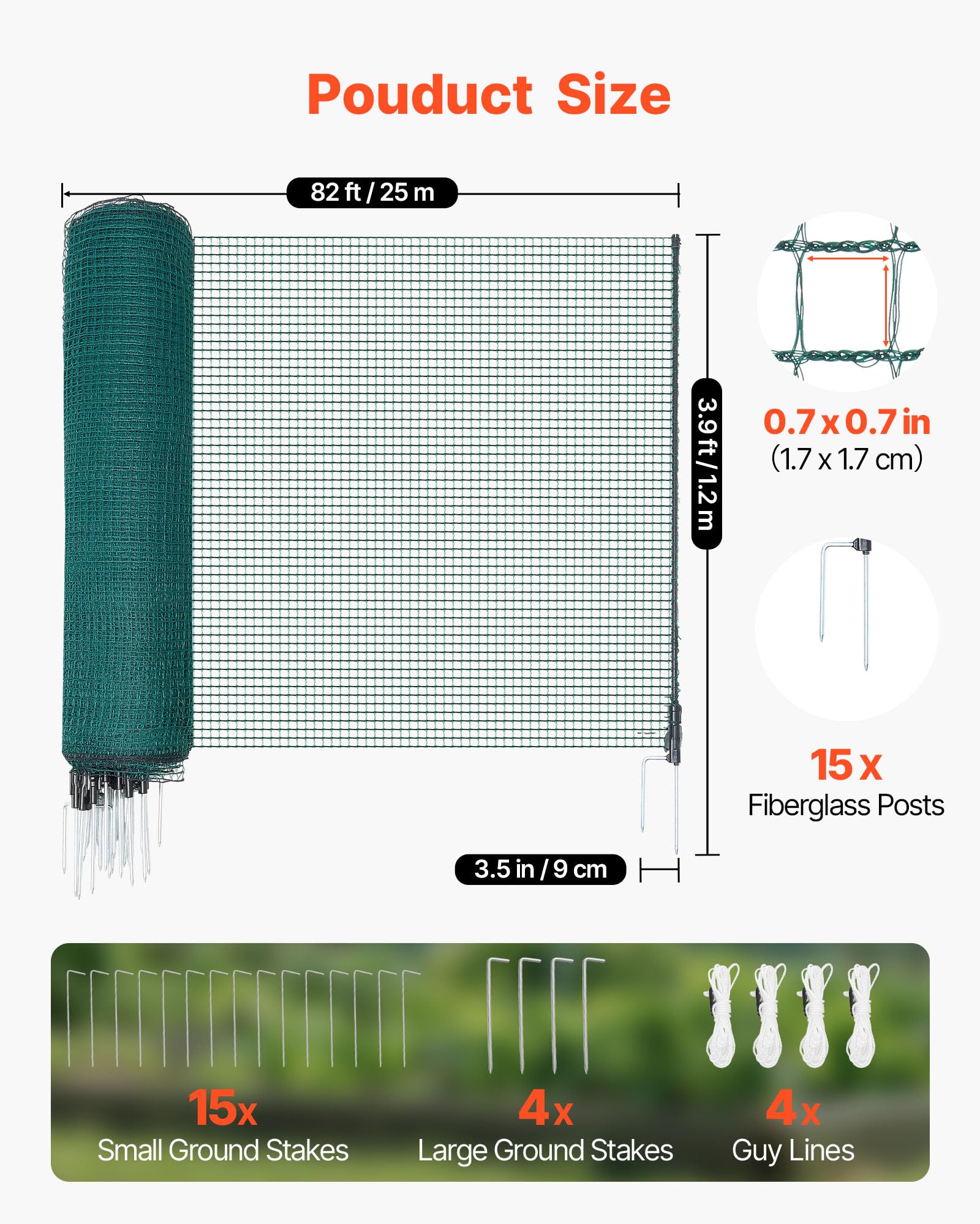 VEVOR Clôture Filet Mobile 25x1,2 m Filet de Clôture pour Chien en Plastique Temporaire pour Poules, Plantes, Jardin, Cours Extérieures, Mailles Serrées, avec Poteaux, Piquets à Double Pointe, Haubans