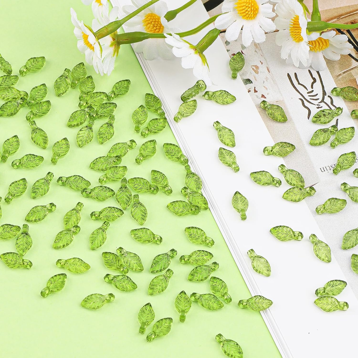 100 Pcs Green Leaf Beads for Jewelry Making, 0.2" x 0.43" Acrylic Leaf Charms, Semi-Transparent Leaf Shaped Beads of Plant Charms for DIY Crafts Women Earring Necklace Anklet Decoration Making - Image 5