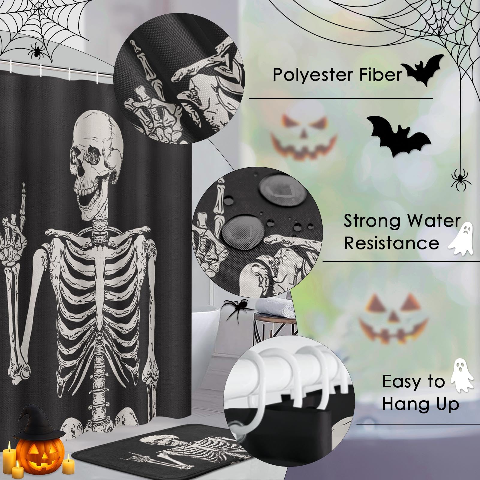 Juego de baño de esqueleto con cortina de ducha y alfombras, accesorios de calavera de roca de terror, retro, negro, cortina de ducha creativa para decoración de baño, 4 piezas 8