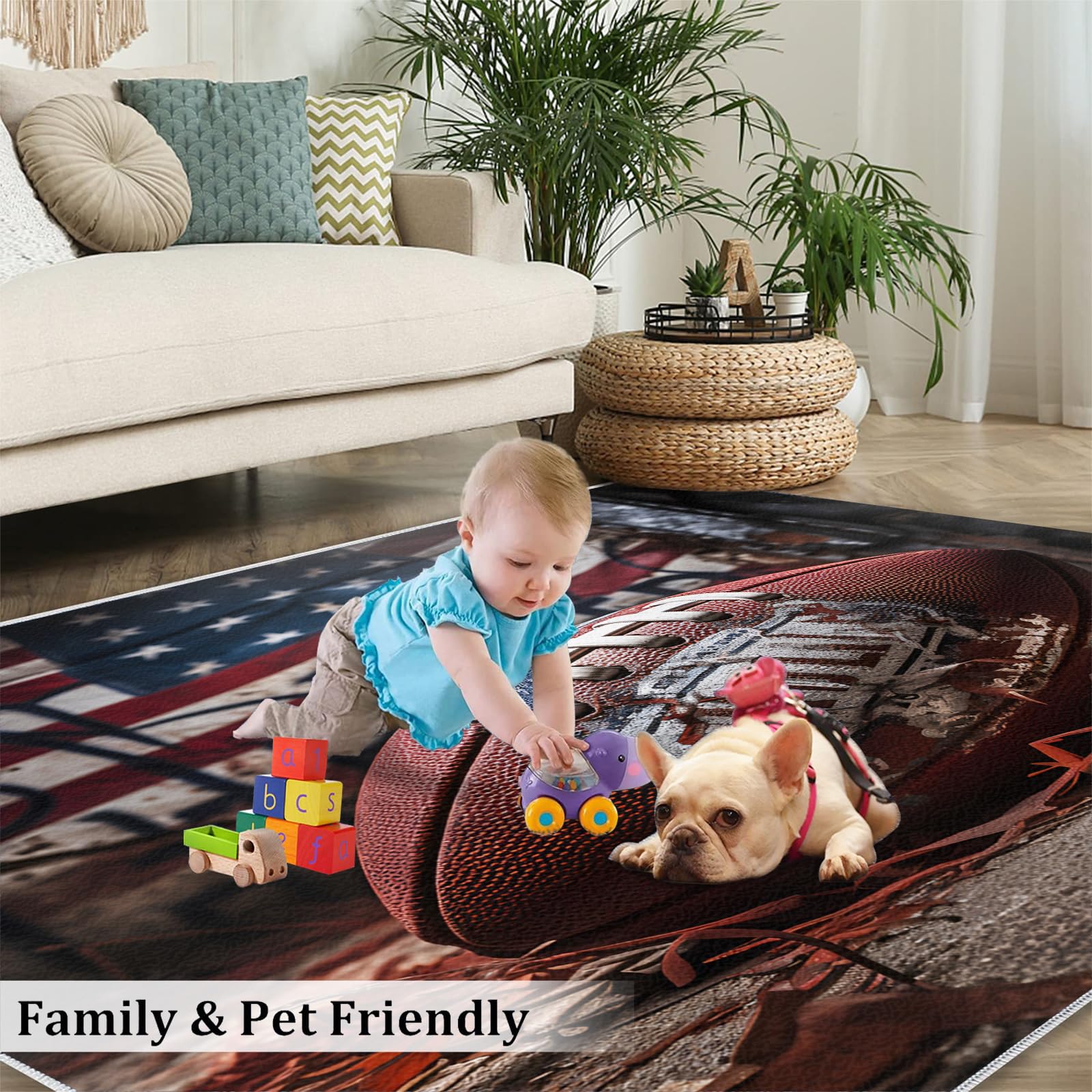 Tapis d'intérieur antidérapant pour salon, chambre à coucher, chambre d'enfant, dortoir, motif football américain, drapeau américain, 140 x 200 cm