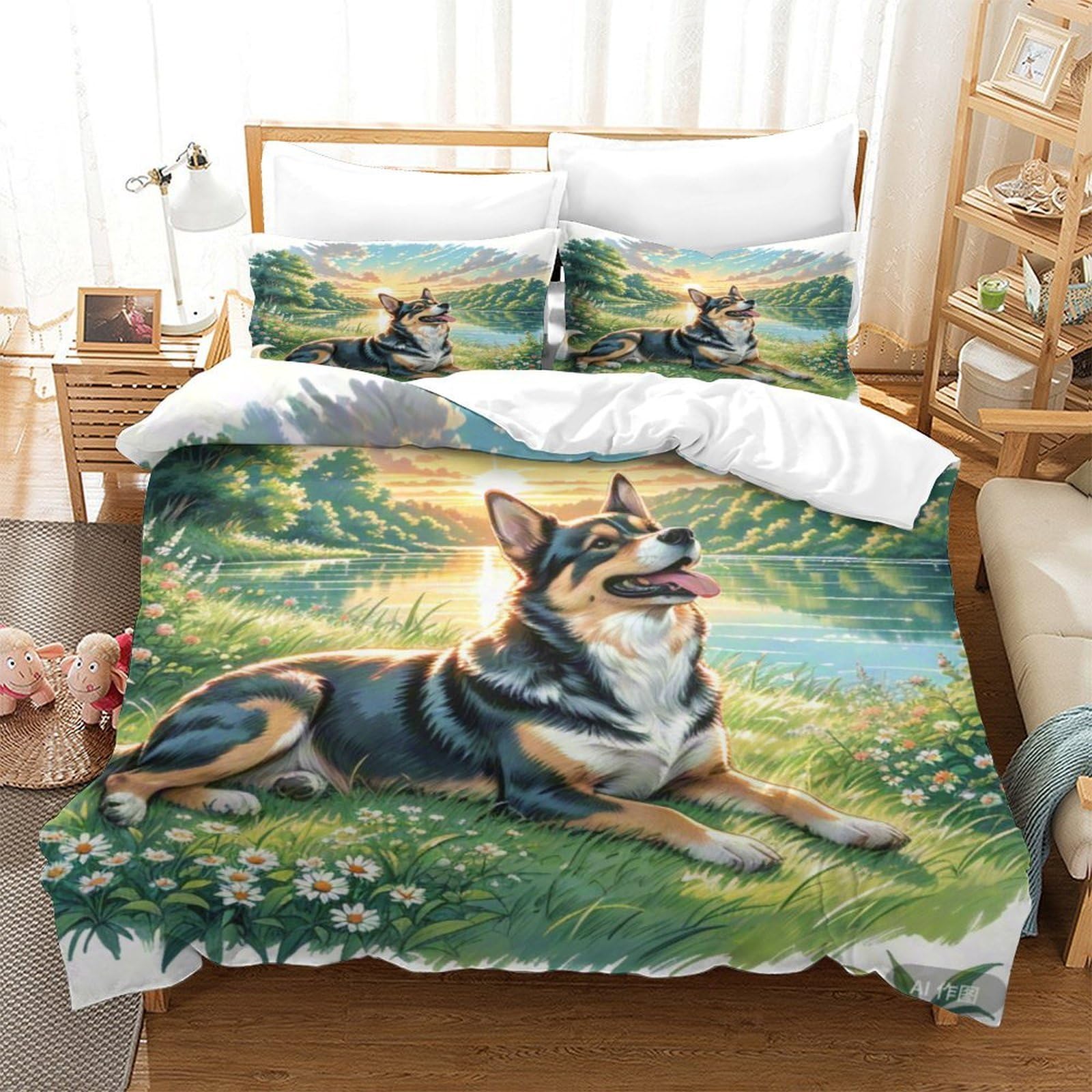 Japanese Spitz 3D Fabrication Bedding Three-piece Set Japanese Spitz Duvet Cover Ultra-fine Fiber Zipper Closure with Pillowcases Plush And Low-maintenance Super King（260x220cm）