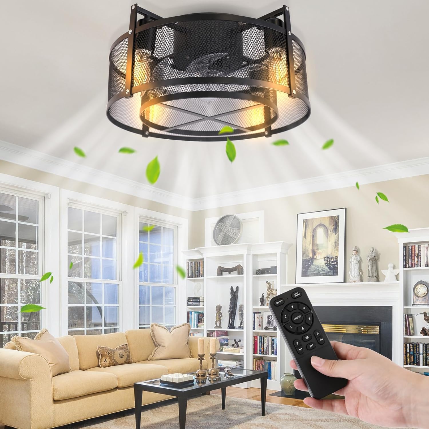 E ENERGETIC LIGHTING 16" Caged Ceiling Fans with Lights Remote Control, 6 Speeds Adjustable Timing, DC Motor, Black Enclosed Industrial Flush Mount Ceiling Fan for Bedroom/Living Room