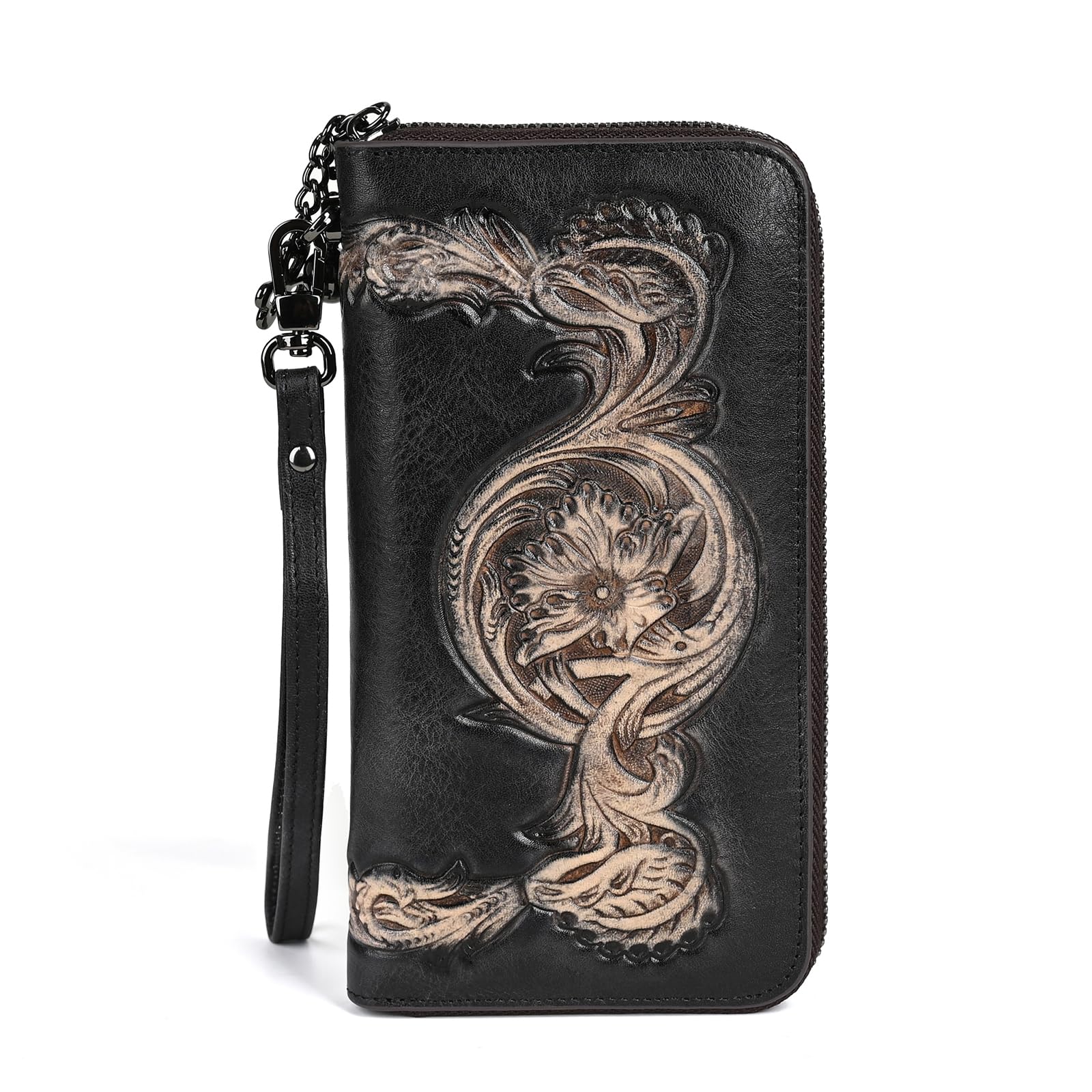AEGGEAI Genuine Leather Women's Wallet Flower Pattern Wristlet Long Wallet Card Holder (Black)