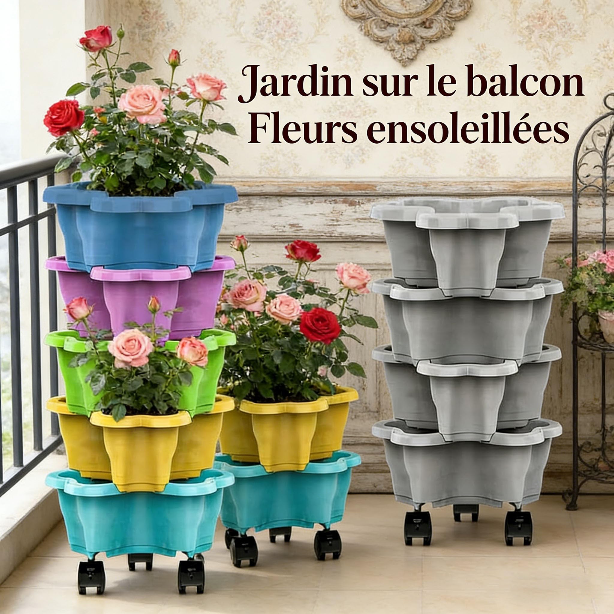 Générique Tour A Fraisier, Bac A Fraise en Hauteur, 6 Niveaux pour Fraises Et Herbes Aromatiques, avec Soucoupe À roulettes Amovibles, Tour De Plantation Gain De Place pour Balcon (6B)