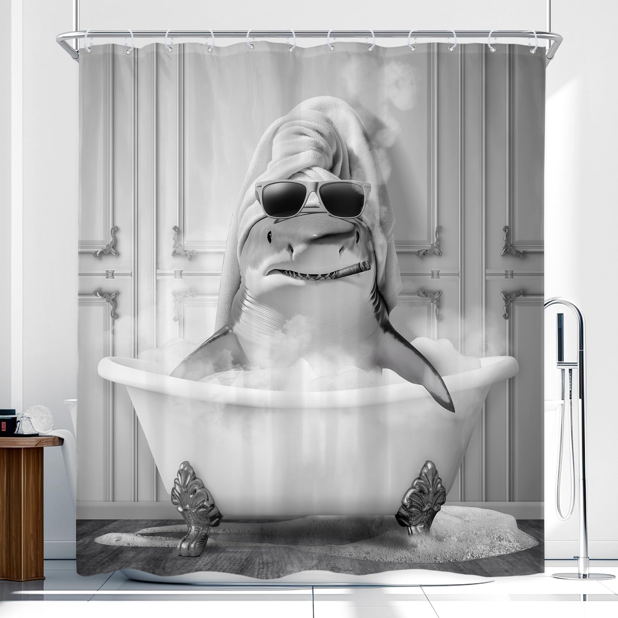 Newsely Funny Shark Shower Curtain 60Wx72L Inch Black White Animal Taking Shower in Bathtub Hilarious Smoking Cute Cartoon Bathroom Set Modern Waterproof Bath Decoration Accessories Home Decor