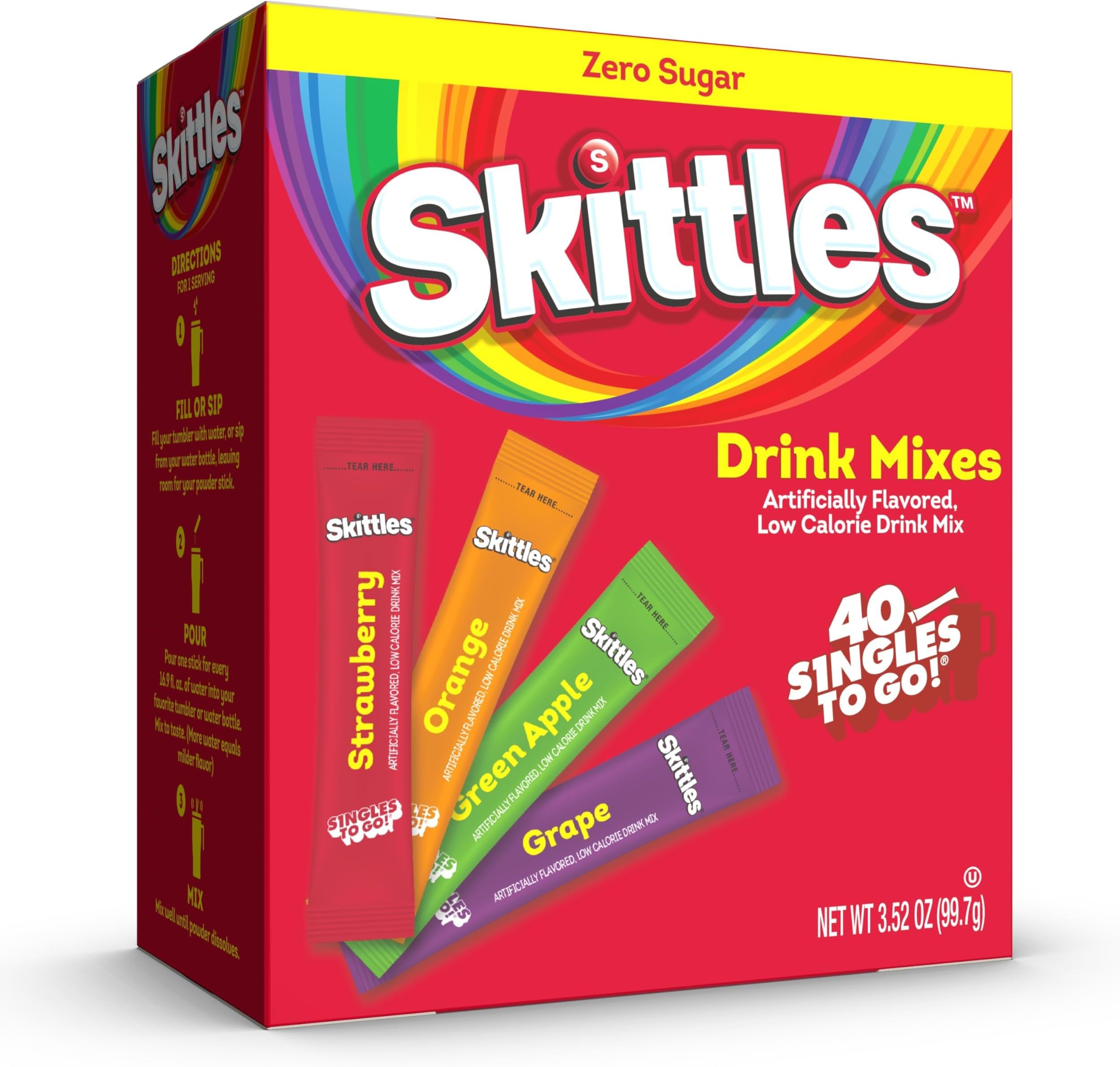 Skittles Go Variety Pack, Watertok Powdered Drink Mix, Zero Sugar, Low Calorie, Includes 4 Flavors: Green Apple, Strawberry, Grape, Orange, 1 Box (40 Single Servings) | WaterTok zero sugar and low calorie drinks mix, hydration packets include 4 original flavors, 1 box (40 single servings)