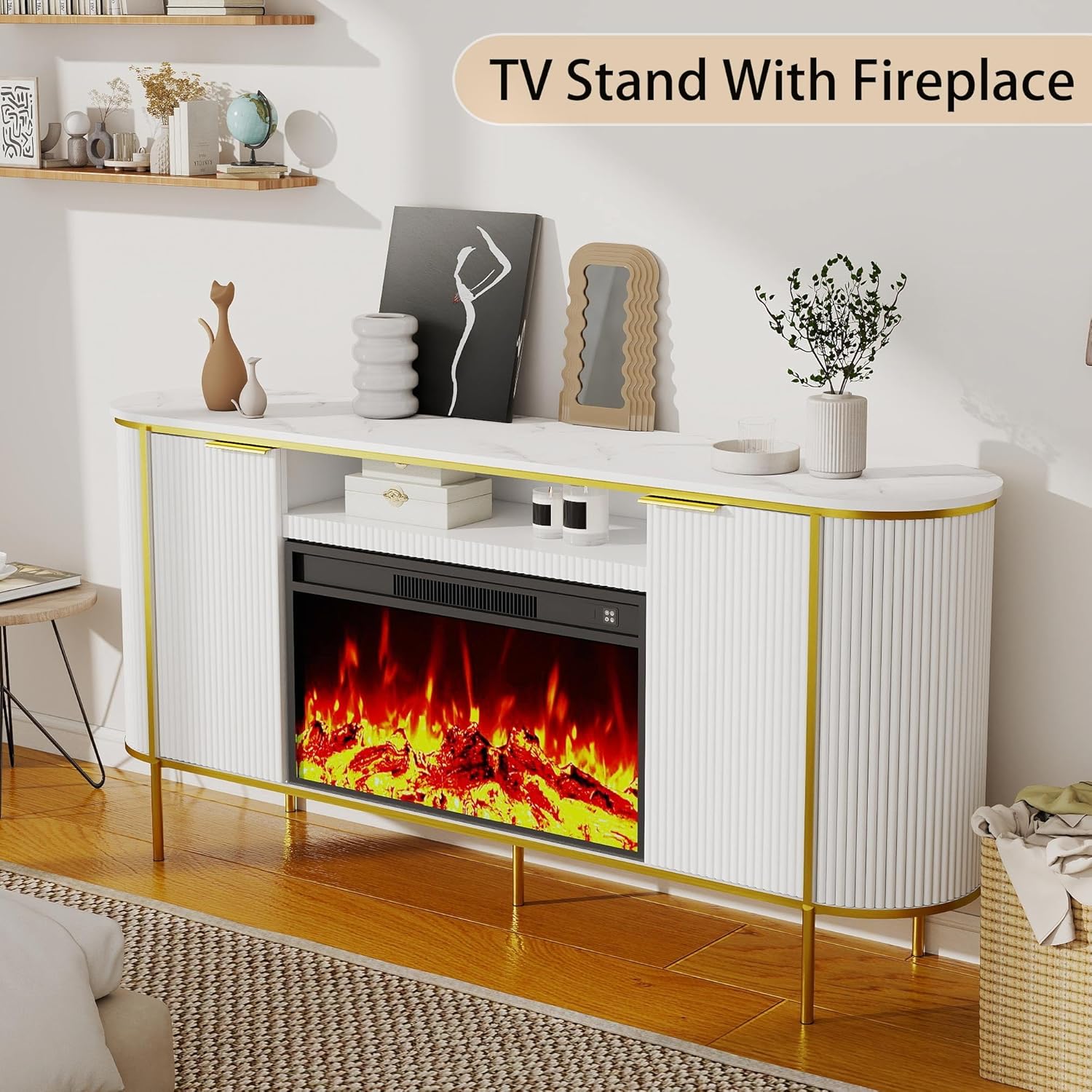 Fluted Fireplace TV Stand: 70" White Entertainment Center with 30" Electric Fireplace, TV Console for 80 inch TVs, Luxury Media Console with Faux Marble Top for Living Room (White) - Image 8