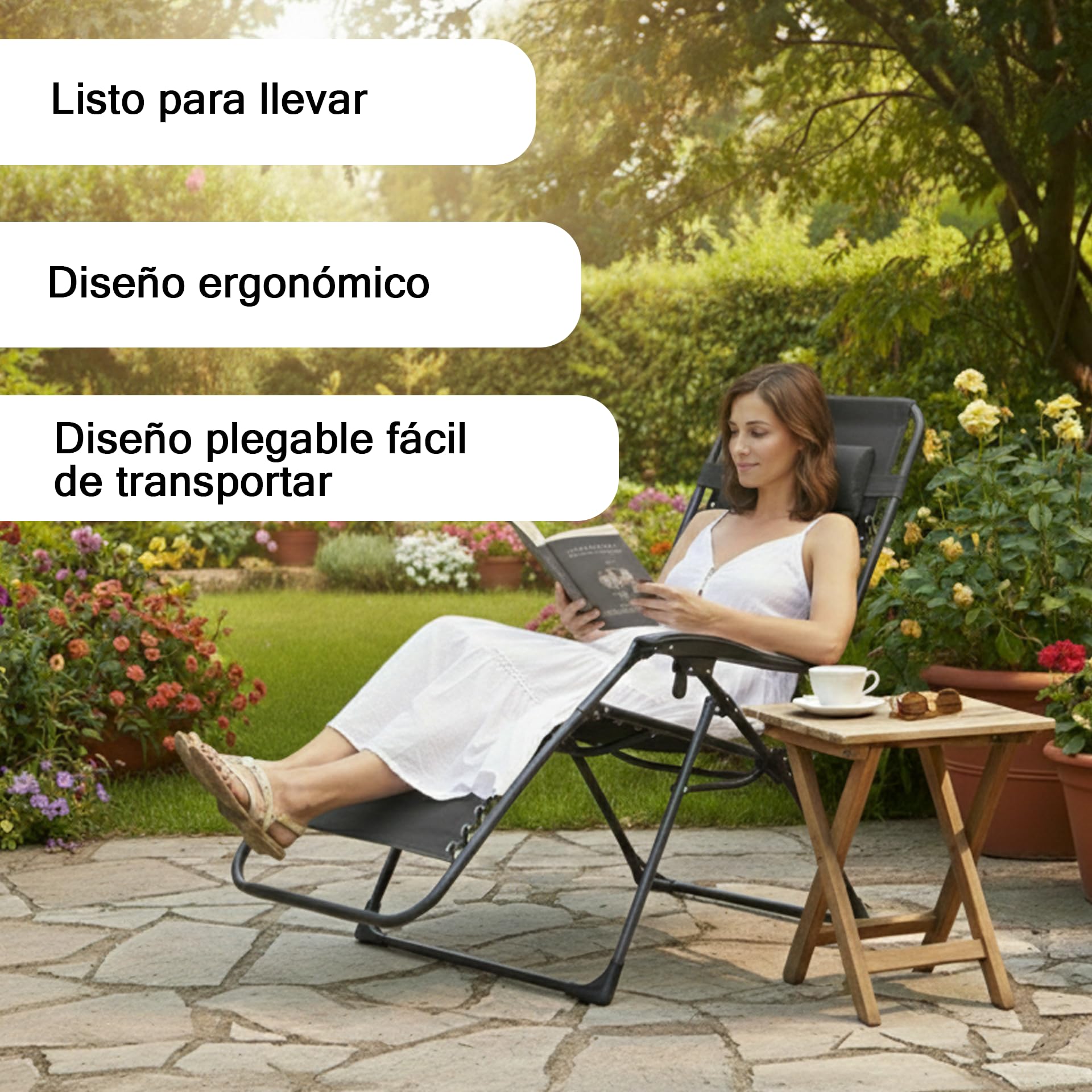 Weida Home Tumbona Plegable para Exterior | con Cojín y Reposapiés Acolchados | Silla Reclinable Ergonómica y Resistente | Estructura de Acero | Ideal para Jardín, Terraza, Playa (Gris) — view 5