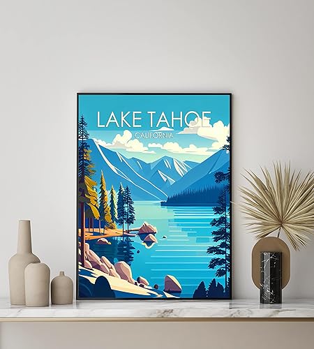Miniatura 3 de Lago Tahoe - Ilustración artística para pared, decoración de paisaje retro, paisaje, obra de arte para decoración de cabaña, dormitorio y baño (Lago