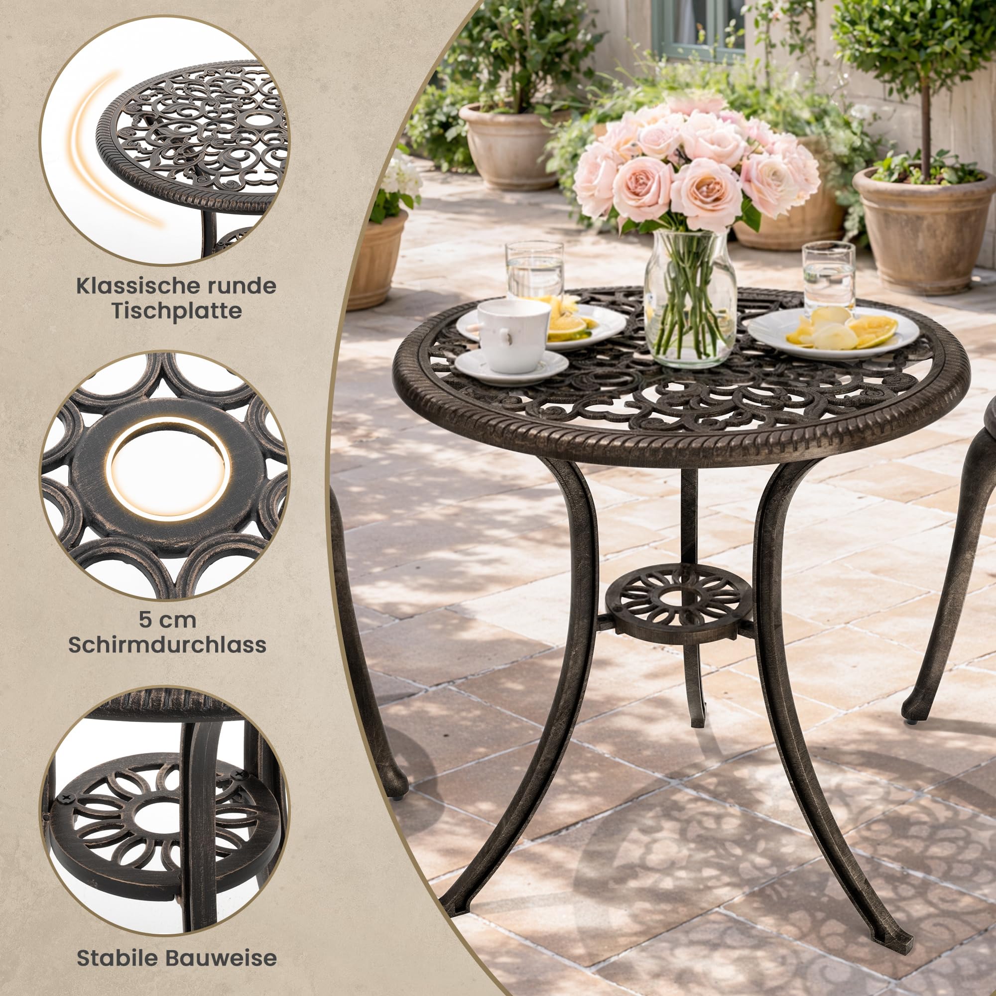 Pamapic Bistro Set 3-teilig, Bistrotisch mit 2 Stühlen & Schirmloch mit Sonnenschirmloch, Aluminium Gartenmöbel Set, Balkonmöbel Set für Terrasse, Veranda, Garten, Bronze