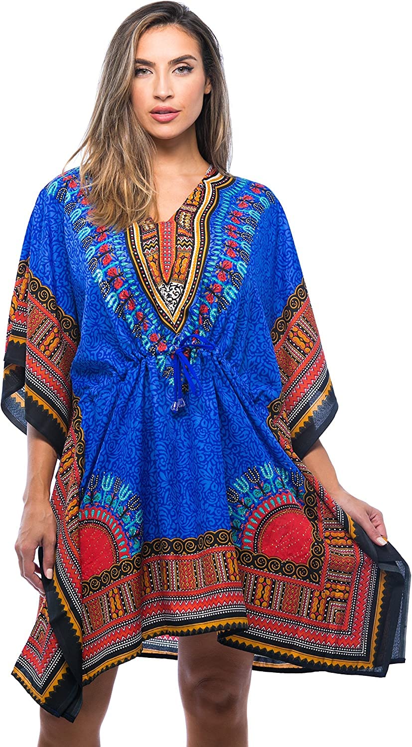 cigain African Print Dashiki Short Caftan Dress Beach Cover Up Kimono Style for Any Occasion I Free Size I Short Top for Women (Blue)-picture-39