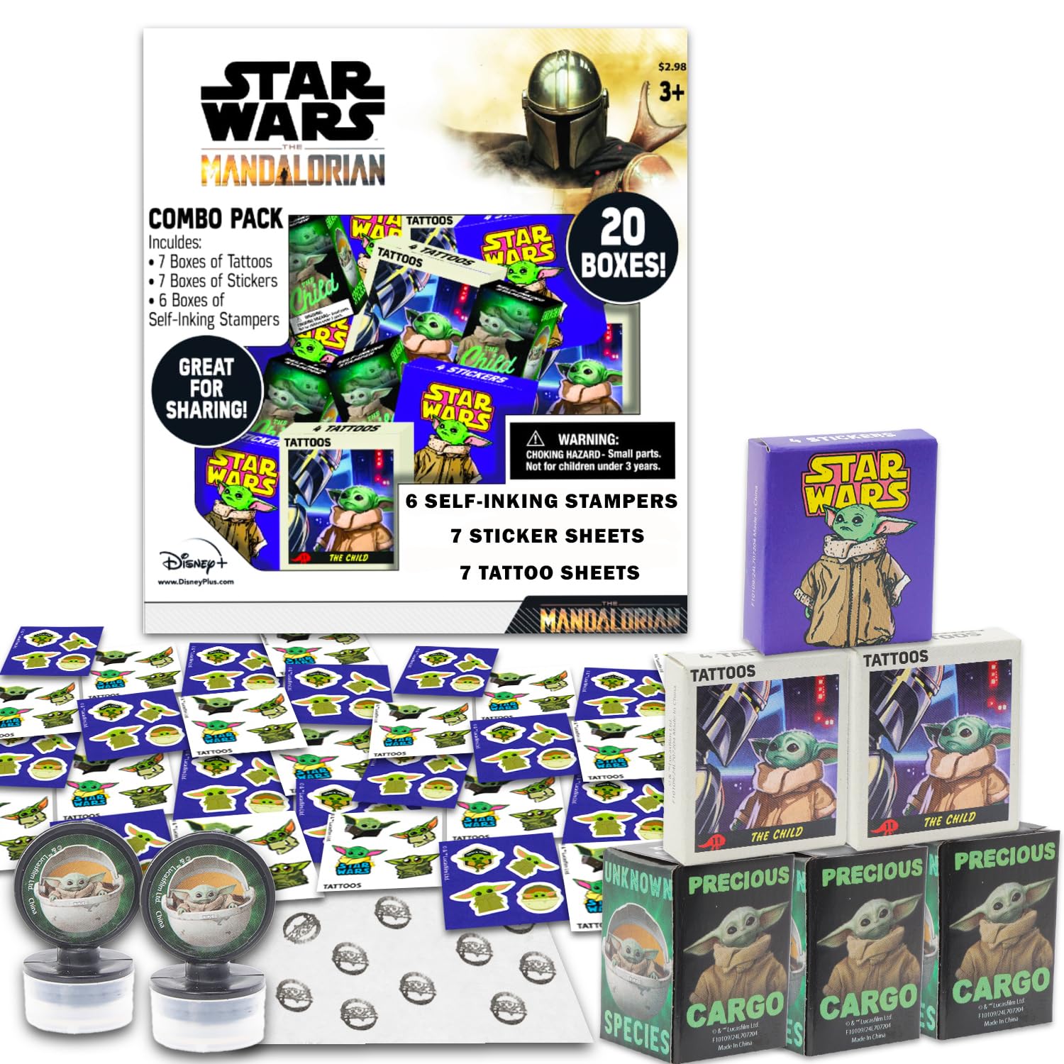 STAR WARS Baby Yoda Party Favors for 20 Guests Bundle ~ 20 Pieces Mandalorian Favor Boxes with Stickers, Tattoos, and Stampers for Kids Birthday Party Party Supplies and Decorations