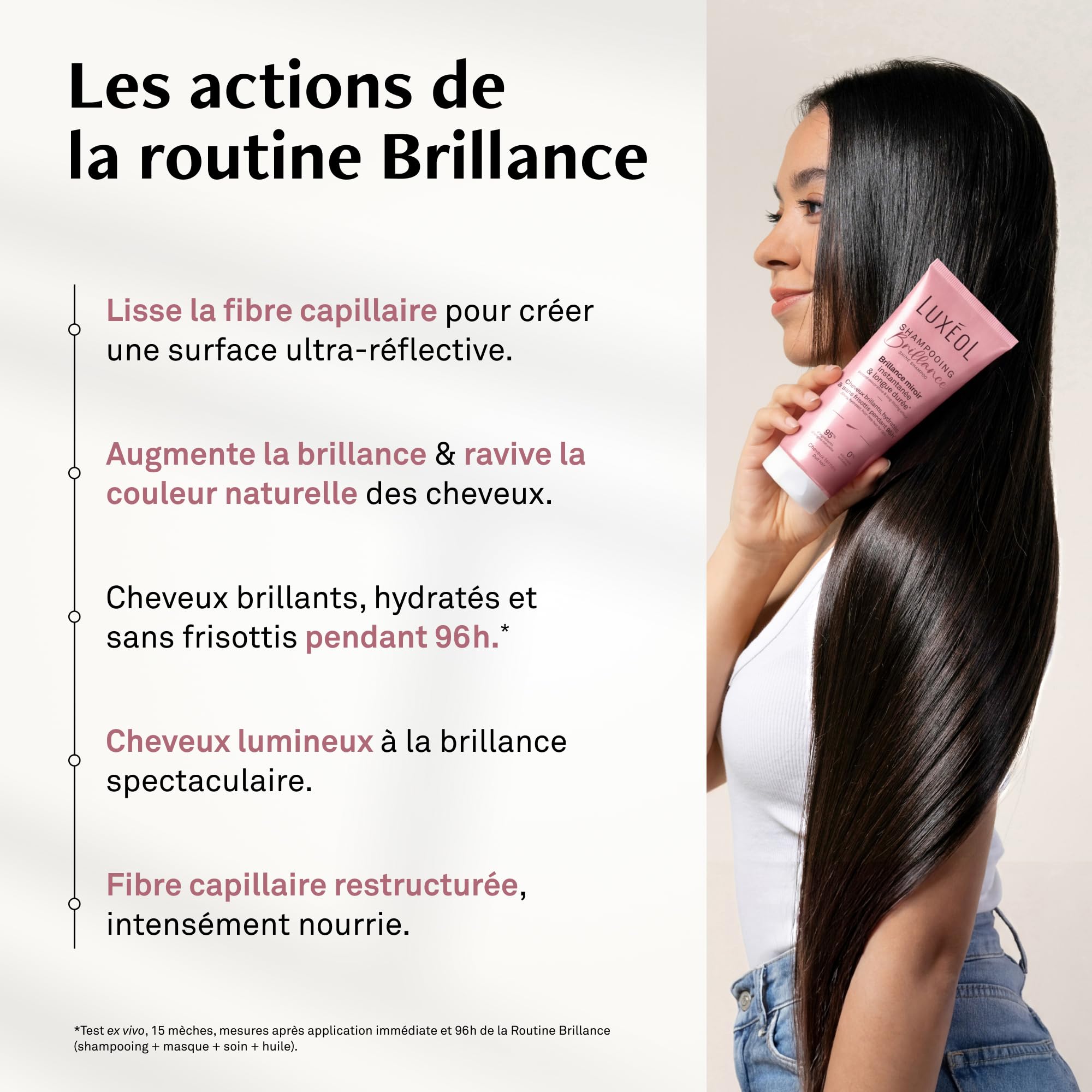 LUXEOL - Protocole Brillance - Pour des cheveux brillants, hydratés et sans frisottis pendant 96h - Shampooing (200 ml) + Masque (200 ml) + Soin (200 ml) + Huile cheveux (50ml) - Fabriqué En France