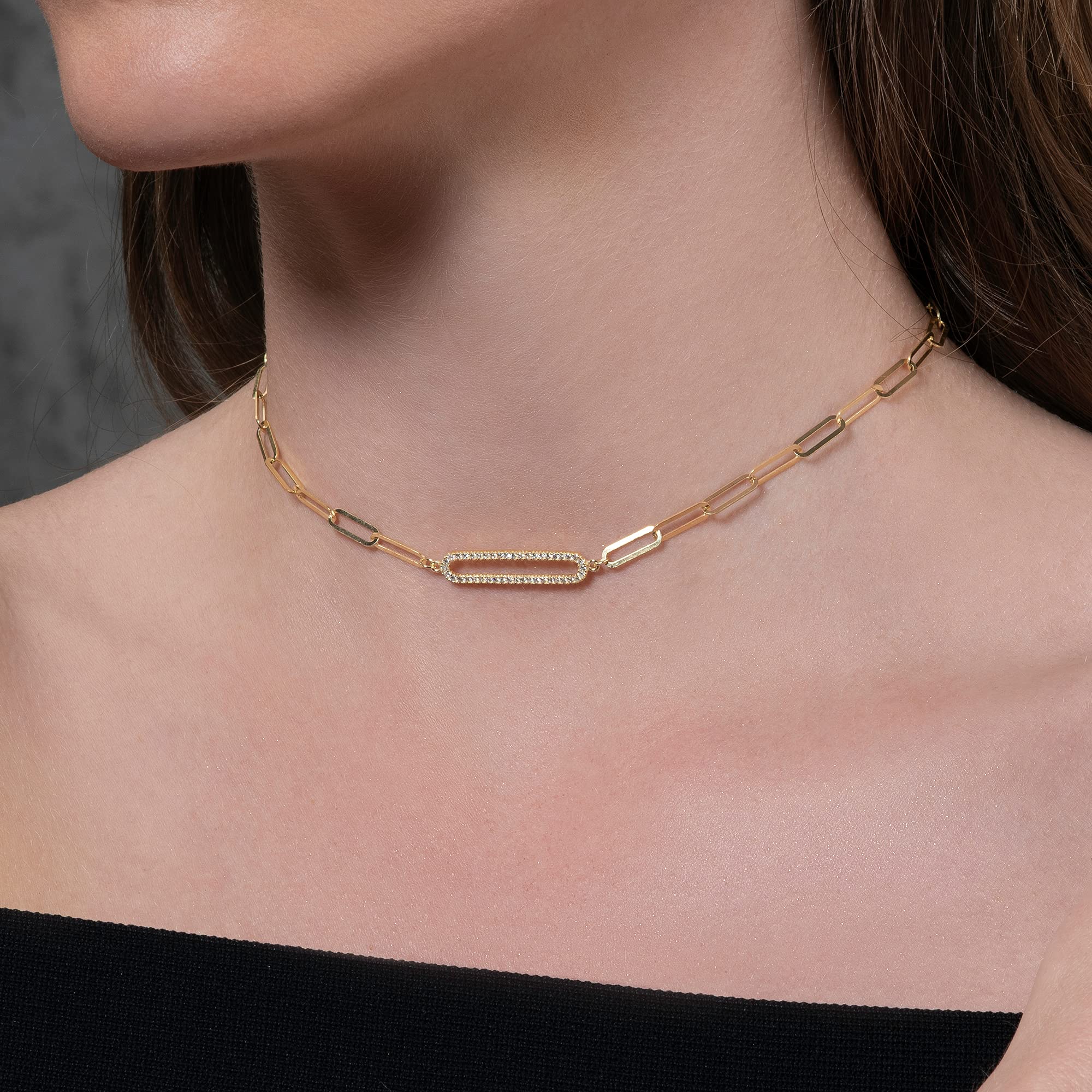 namana - Collar de cadena de malla para mujer y adolescente, collar de eslabones chapado en oro de 18 quilates, collar de mujer de oro con una malla central engastada con piedras de circonita cúbica
