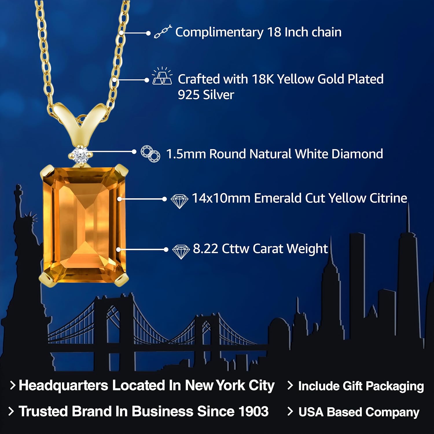 Gem Stone King 5-10 Cttw Gemstone Birthstone and White Diamond Pendant Necklace for Women | 18K Yellow Gold Plated Silver | Emerald Cut 14X10MM with 1MM Round Accent | 18 Inch Chain - Image 2
