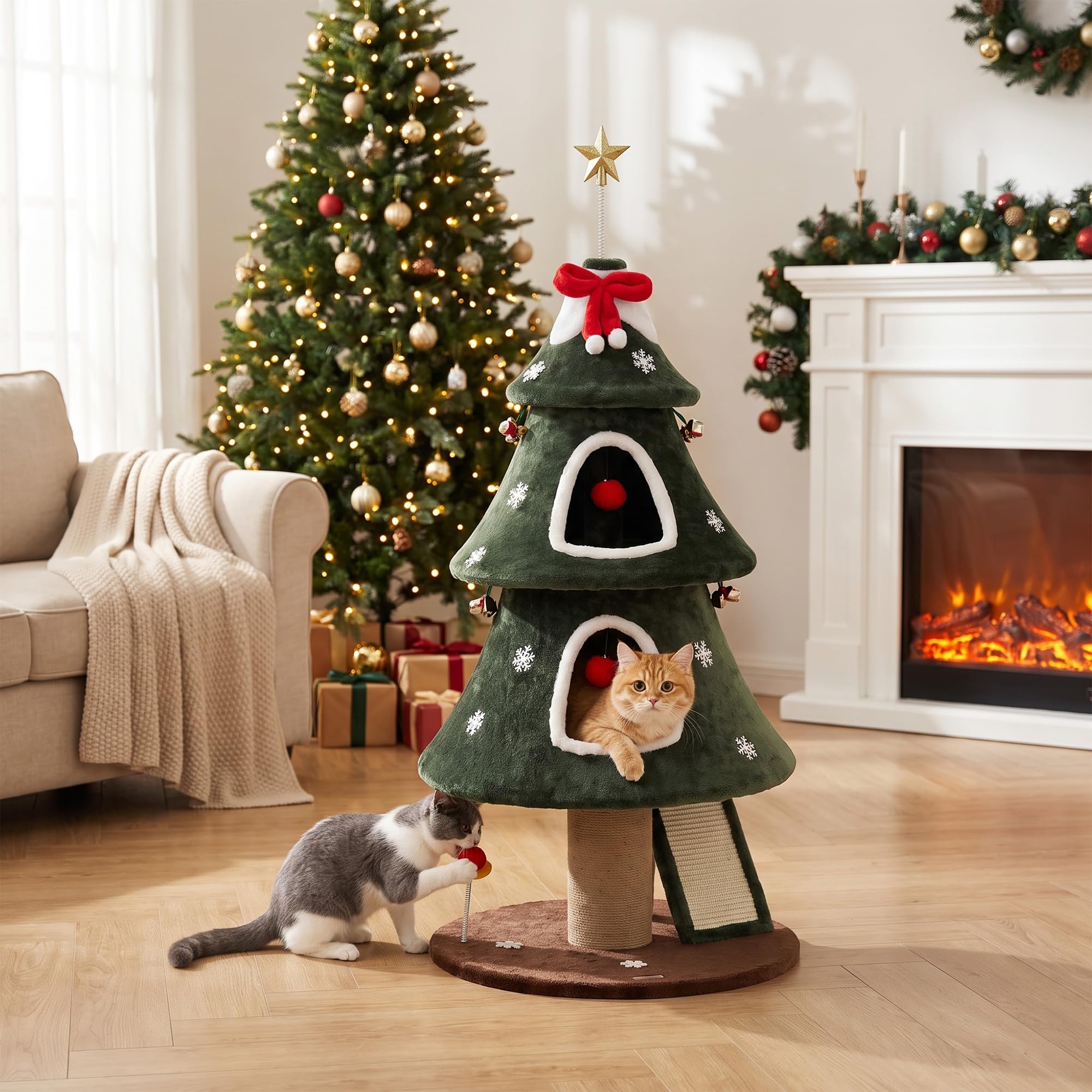 PawHut Albero Tiragraffi Natalizio per Gatti, 2 Cucce, Torre per Gatti con Scala in Sisal, Pali in Juta, Cinghia Antiribaltamento e Palline, 60 x 60 x 132 cm, Verde
