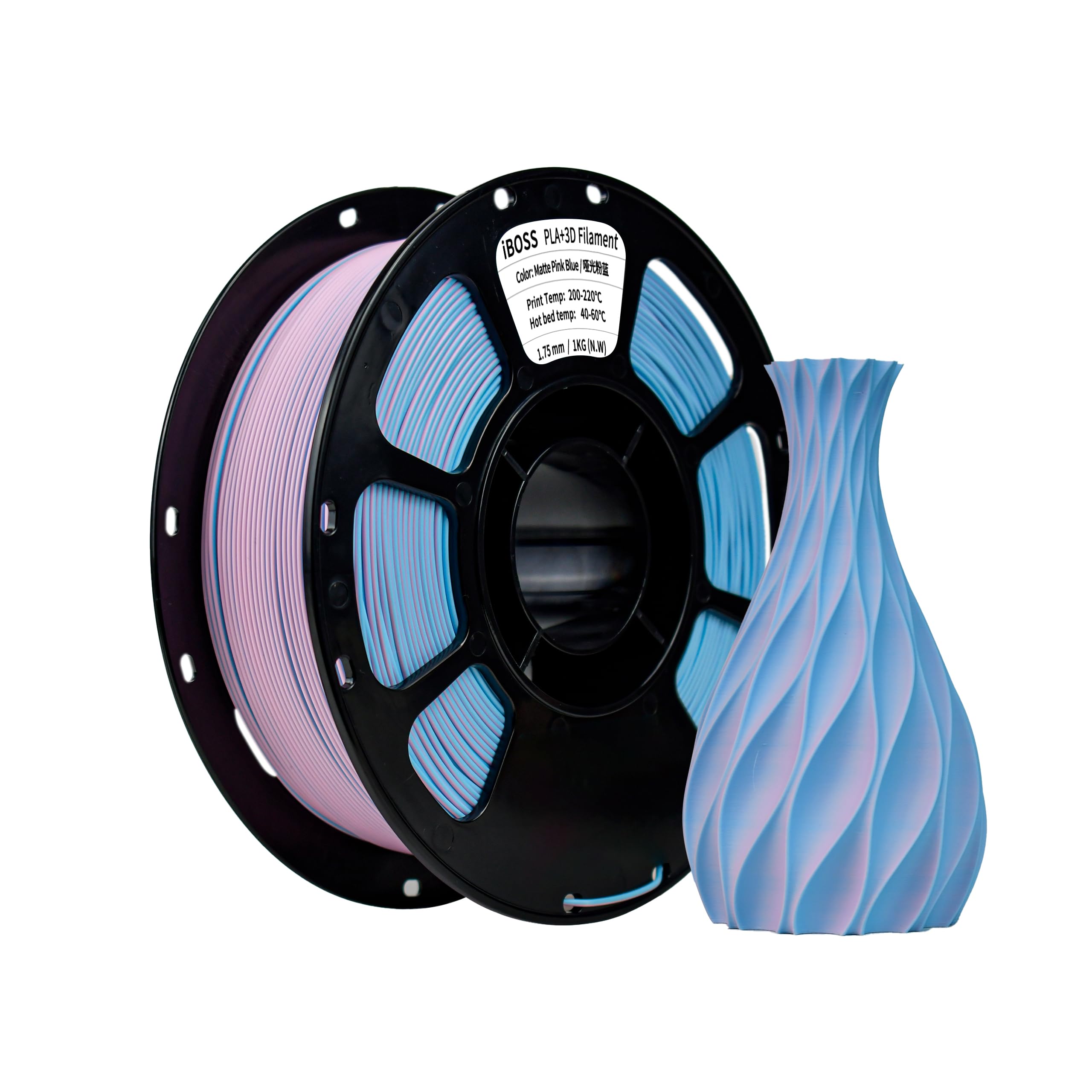 iBOSS zweifarbig matt PLA+ 3D-Druckerfilament 1,75 mm 2-in-1 co-extrudiert 1KG Spule (2.2lbs) mehrfarbig PLA Plus, glattes mattes Finish, geeignet für FDM 3D-Drucker rosa blau