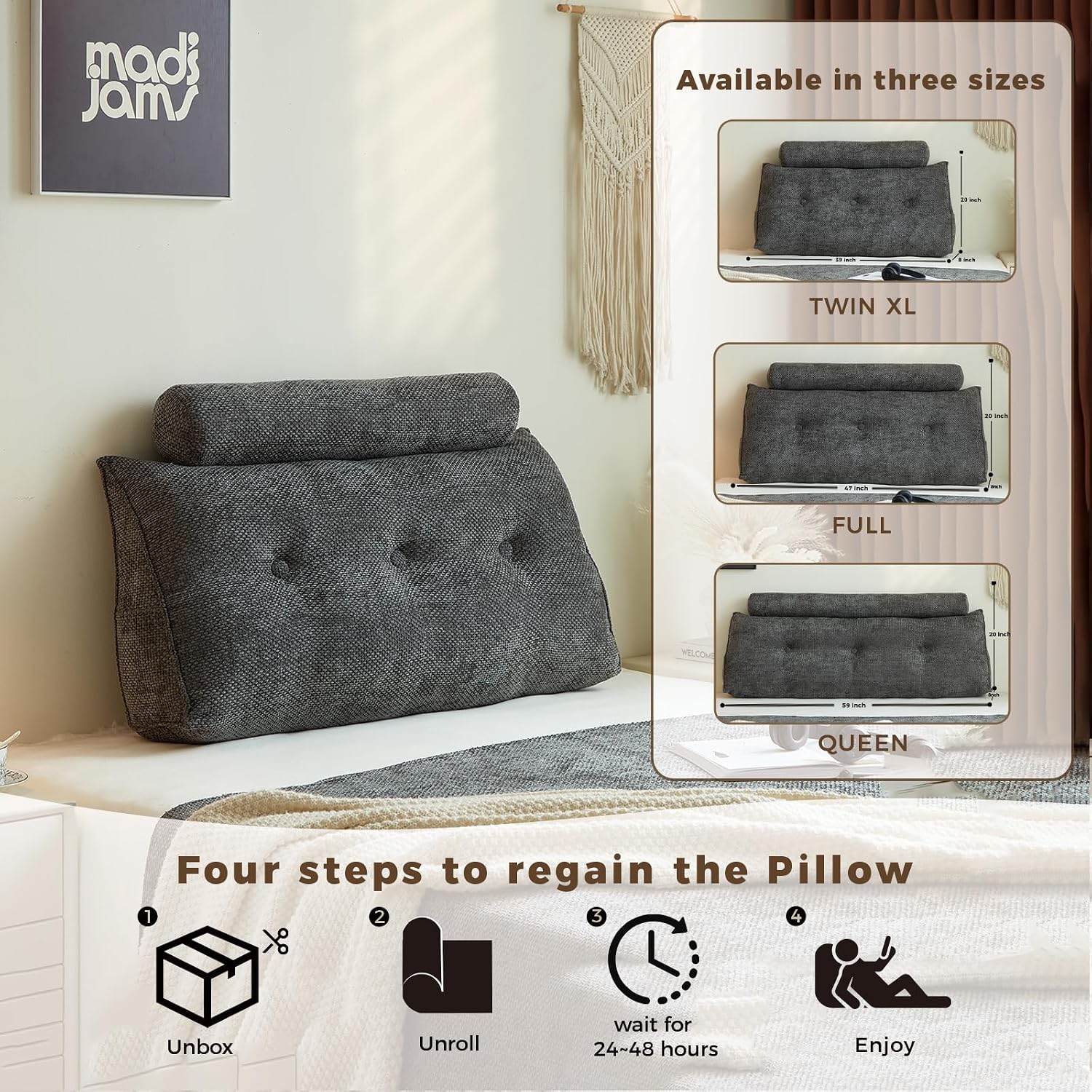 Headboard Pillow for Twin XL – Chenille Large Triangular Wedge Pillow for Headboard Gap, Daybed and Couch Backrest, Reading and Sitting Up in Bed with Removable Washable Cover, Dark Gray