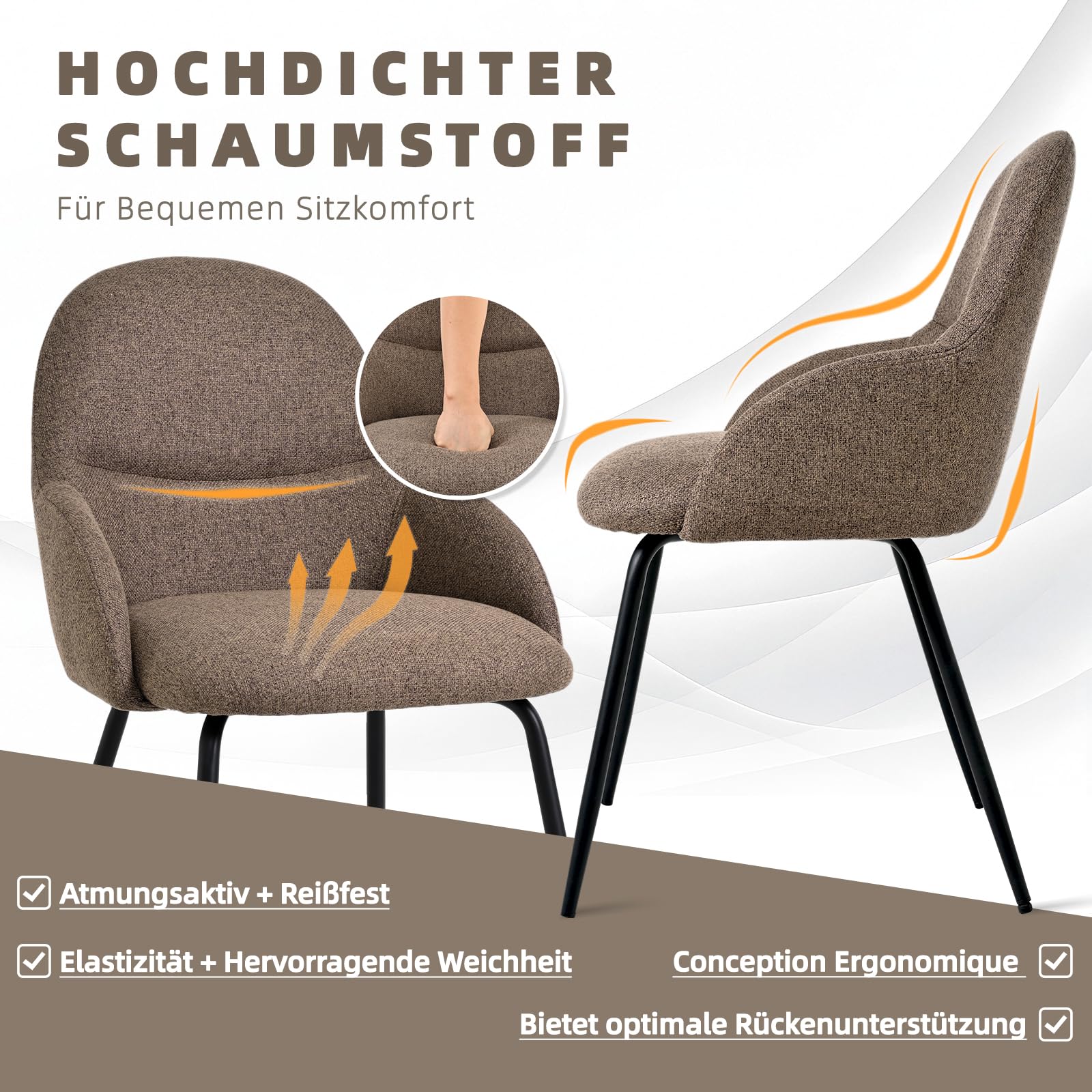 Salle à Manger Lot De 6 Chaises Design en Lin Marron, Assise RembourréE Spacieuse avec Accoudoirs, Pieds en MéTal Solides, AdaptéEs pour Cuisine Et Salon