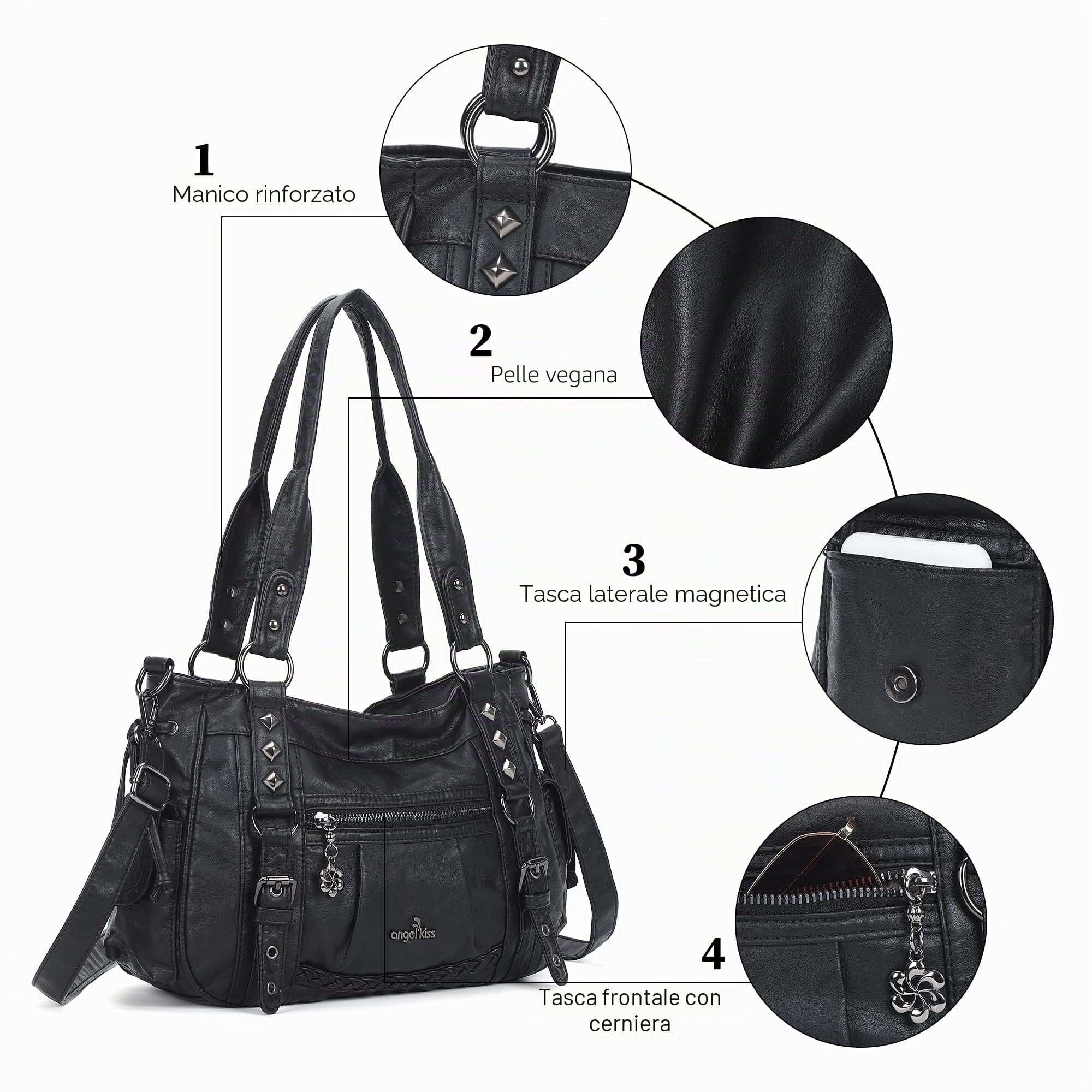 Angel Kiss - Borsa a tracolla da donna multi tasca retrò , hobo, a sacchetto, tote