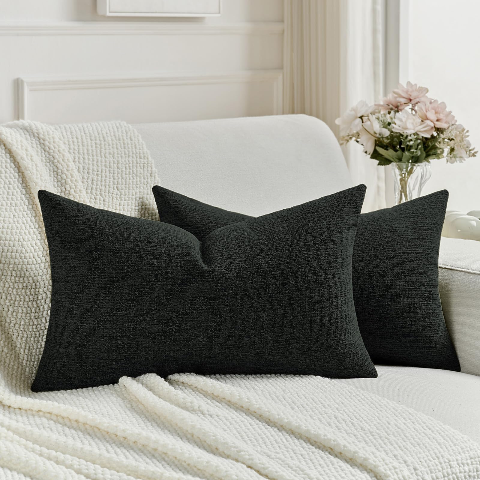 FUTEI Set of 2 Soft Chenille 30x50 cm Cushion Covers Textured Natural Faux Linen Scatter Pillowcase 30 x 50 cm Farmhouse Accent for Sofa Bedroom Living Room, Black — image 1
