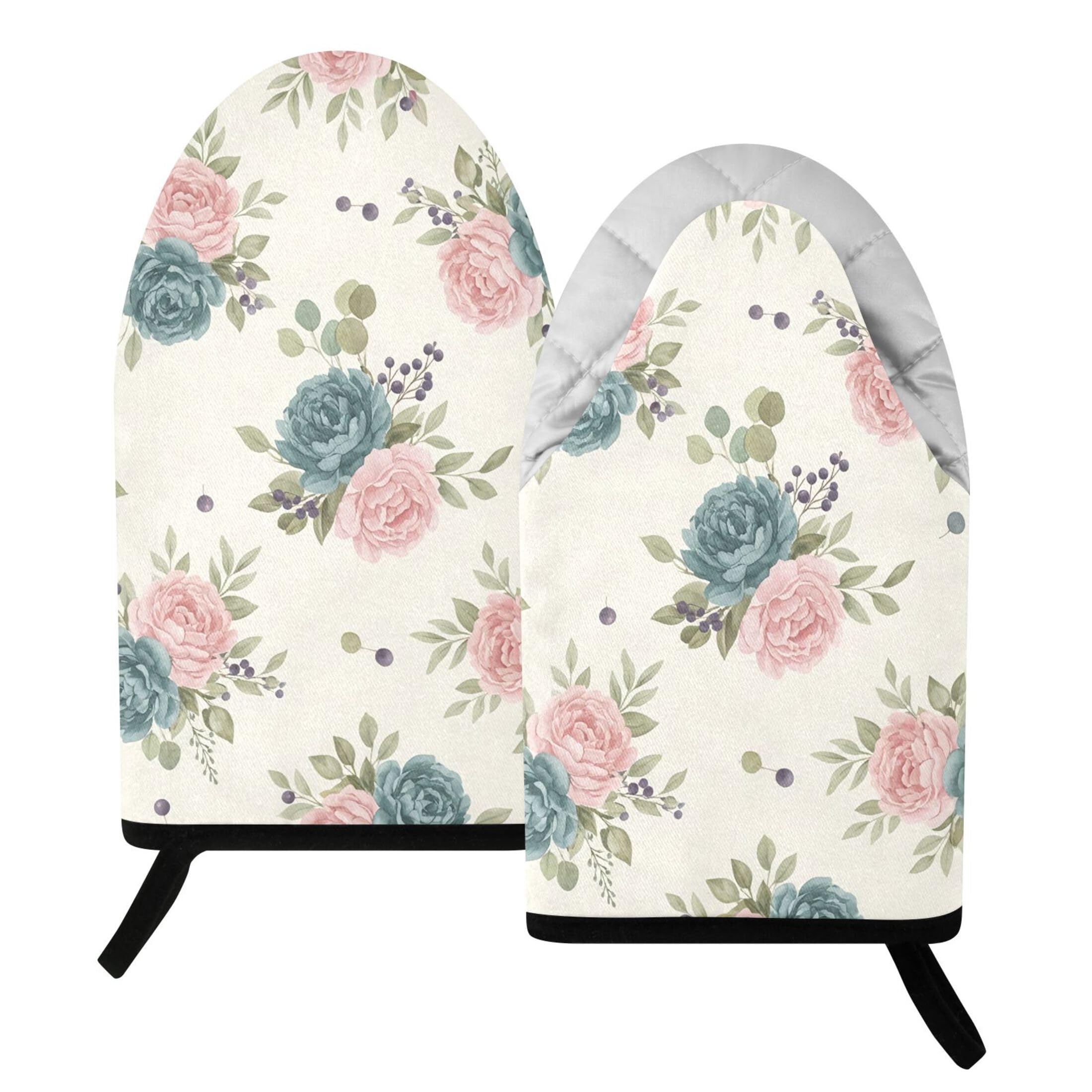 Kutsu Flowers Oven Mitts for Kitchen, Heat Resistant Cotton Oven Gloves for BBQ Baking Cooking, Breathable Kitchen Essentials, 2 pcs