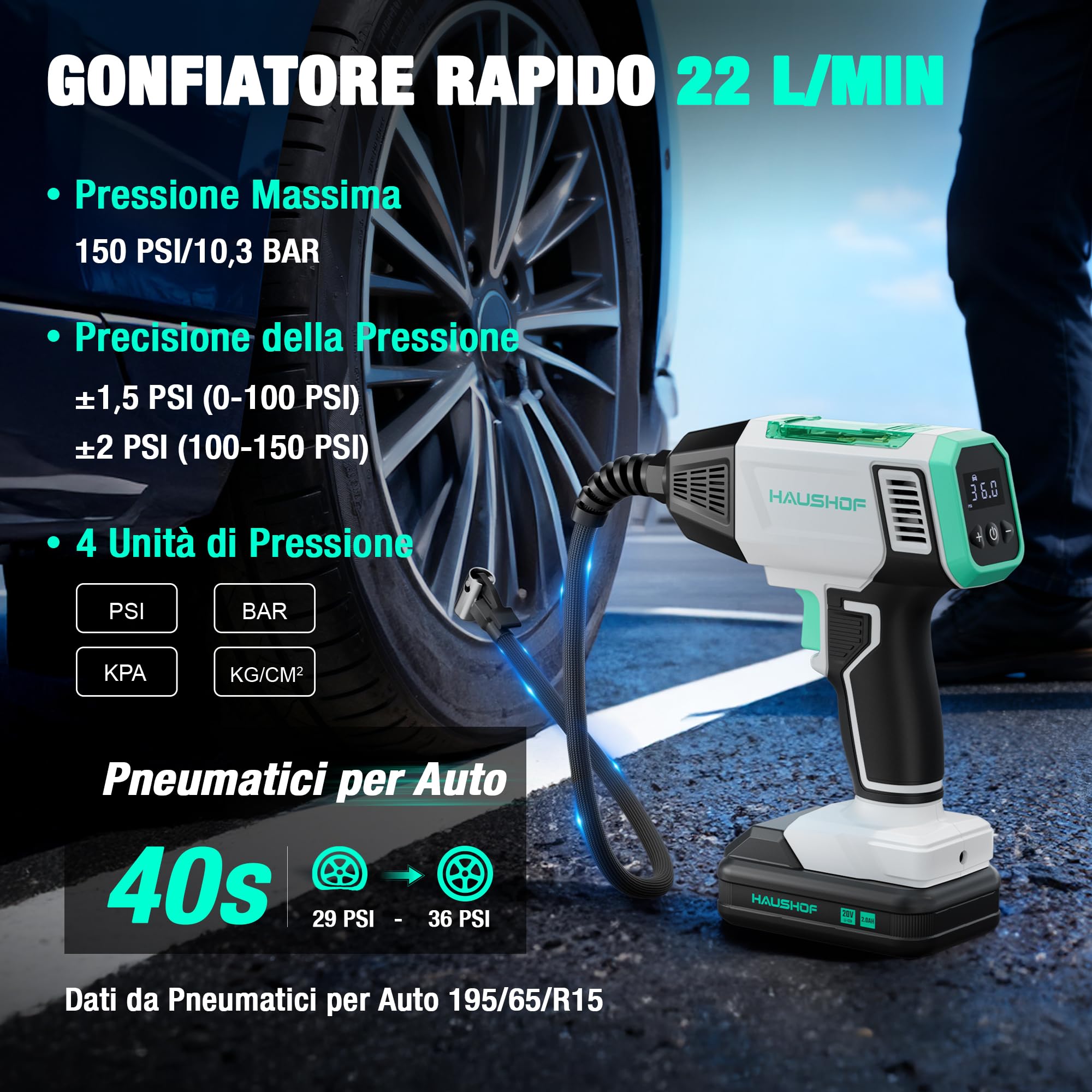HAUSHOF Compressore Aria Portatile, Mini Compressore a Batteria con 2000 mAh, 4 Modi Intelligenti + Manuale, Display Digitale e Spegnimento Automatico per Pneumatici Auto, Moto, Bici e Palloni