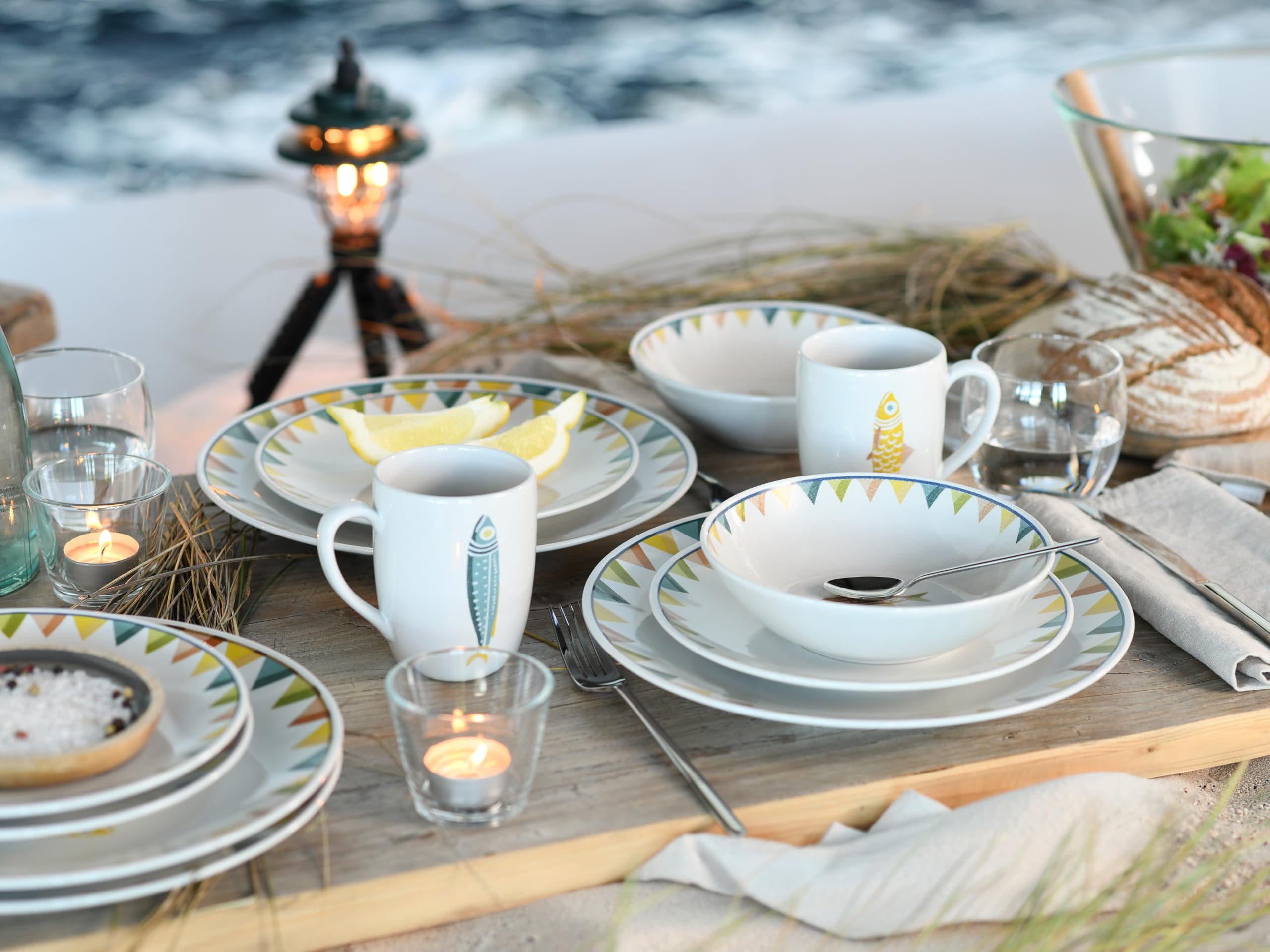 CreaTable, 25402, seria Sardinhas Pastel, 16-częściowy zestaw naczyń dla 4 osób, serwis kombi z kamionki, nadaje się do mycia w zmywarce i używania w kuchence mikrofalowej, wyprodukowano w Portugalii