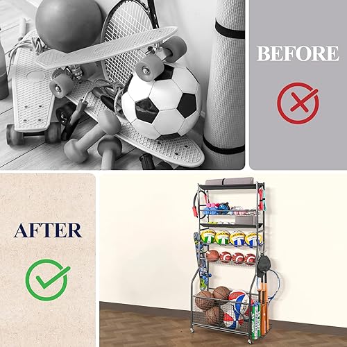 Miniatura 6 de Mythinglogic Organizador de garaje para equipos deportivos, almacenamiento de bolas de garaje para equipo deportivo y juguetes, carrito de bolas