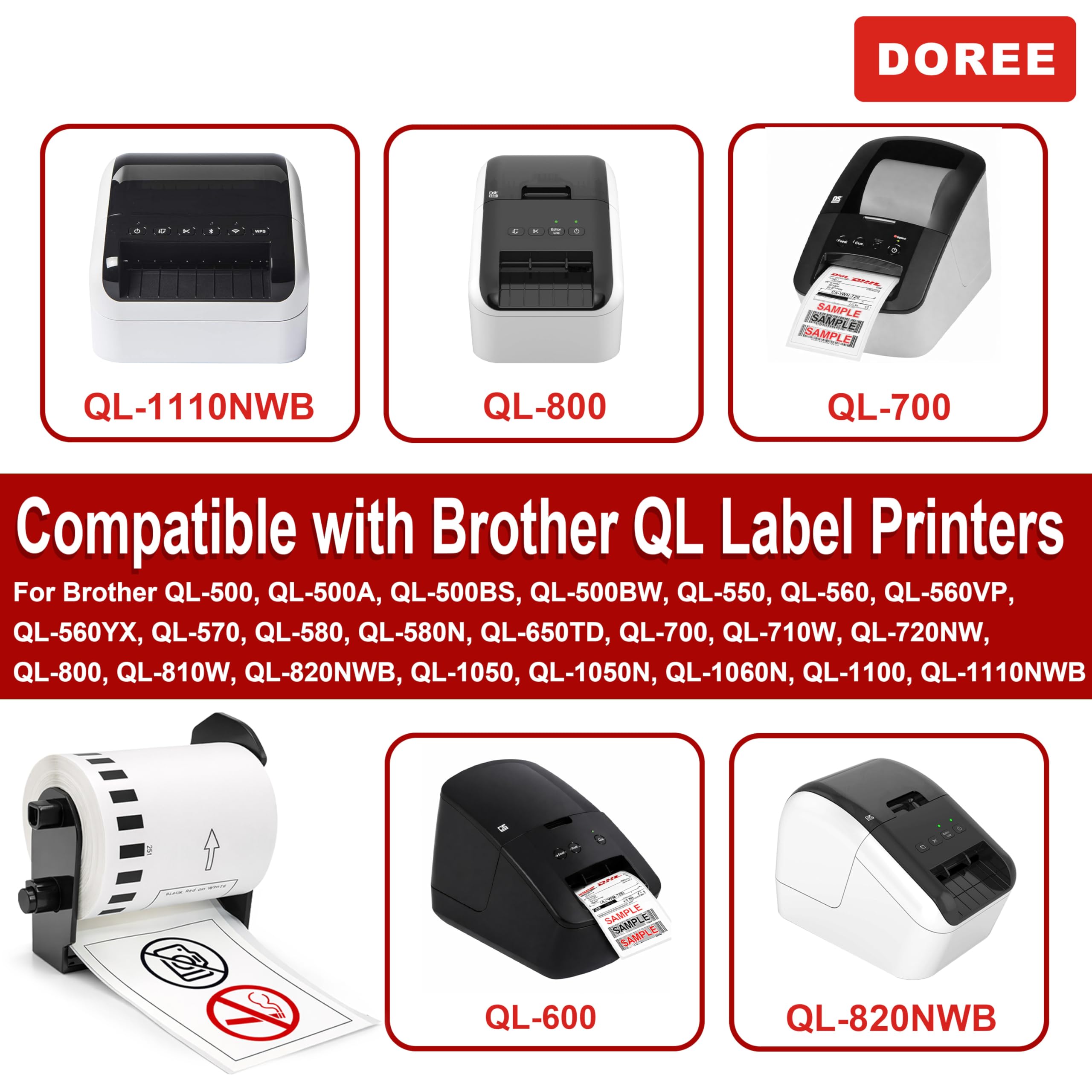 DOREE DK-22251, rojo y negro sobre blanco, 62 mm x 15,24 m, autoadhesivo, papel de cinta continua, compatible con Brother QL-600, QL-700, QL-720NW, QL-800, QL-810W, QL-820NWB, QL-1100, 1100NWB