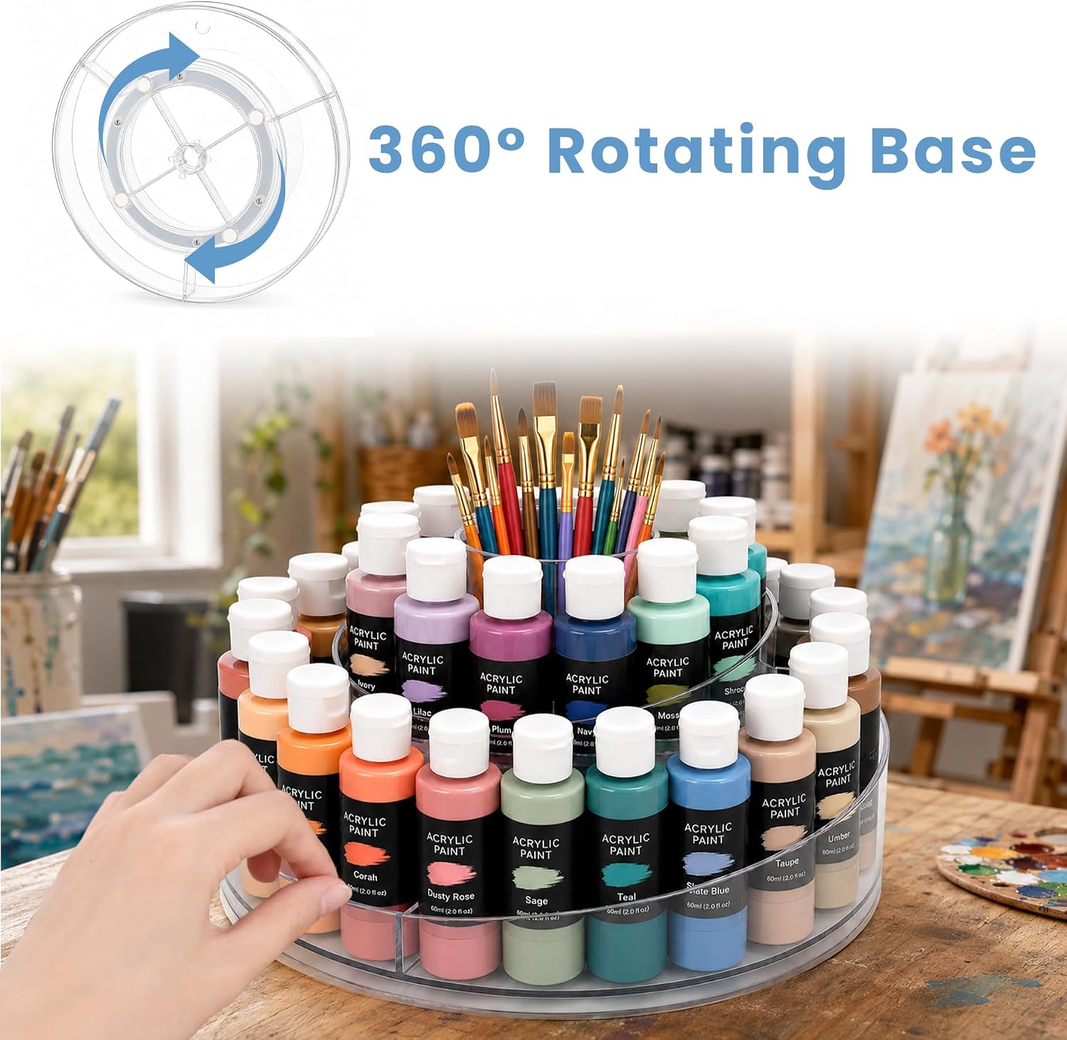 360° Rotating Acrylic Paint Organizer with Brush Holder