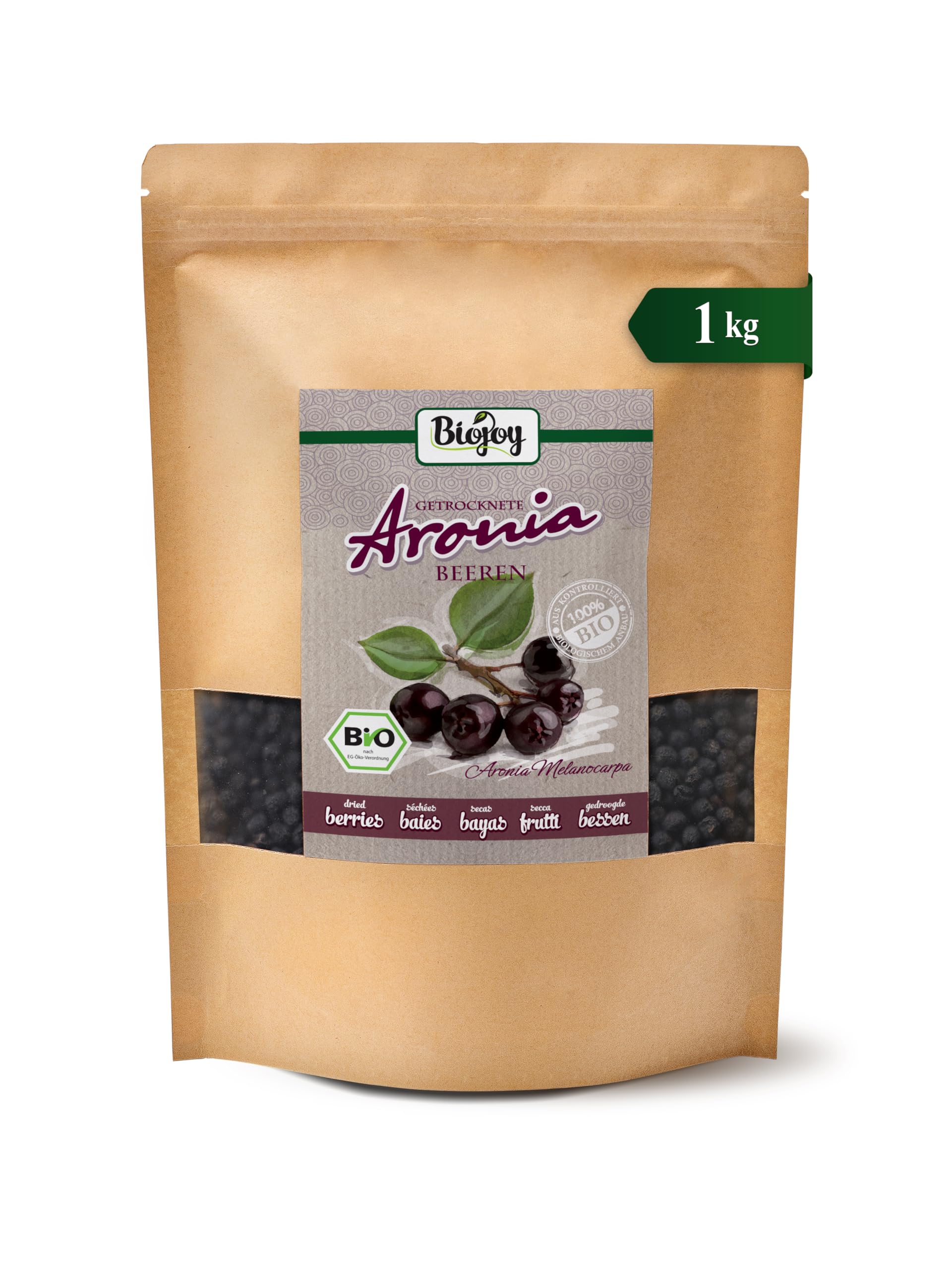 Biojoy Baies d'aronia séchées BIO (1 kg), entières (Aronia melanocarpa)